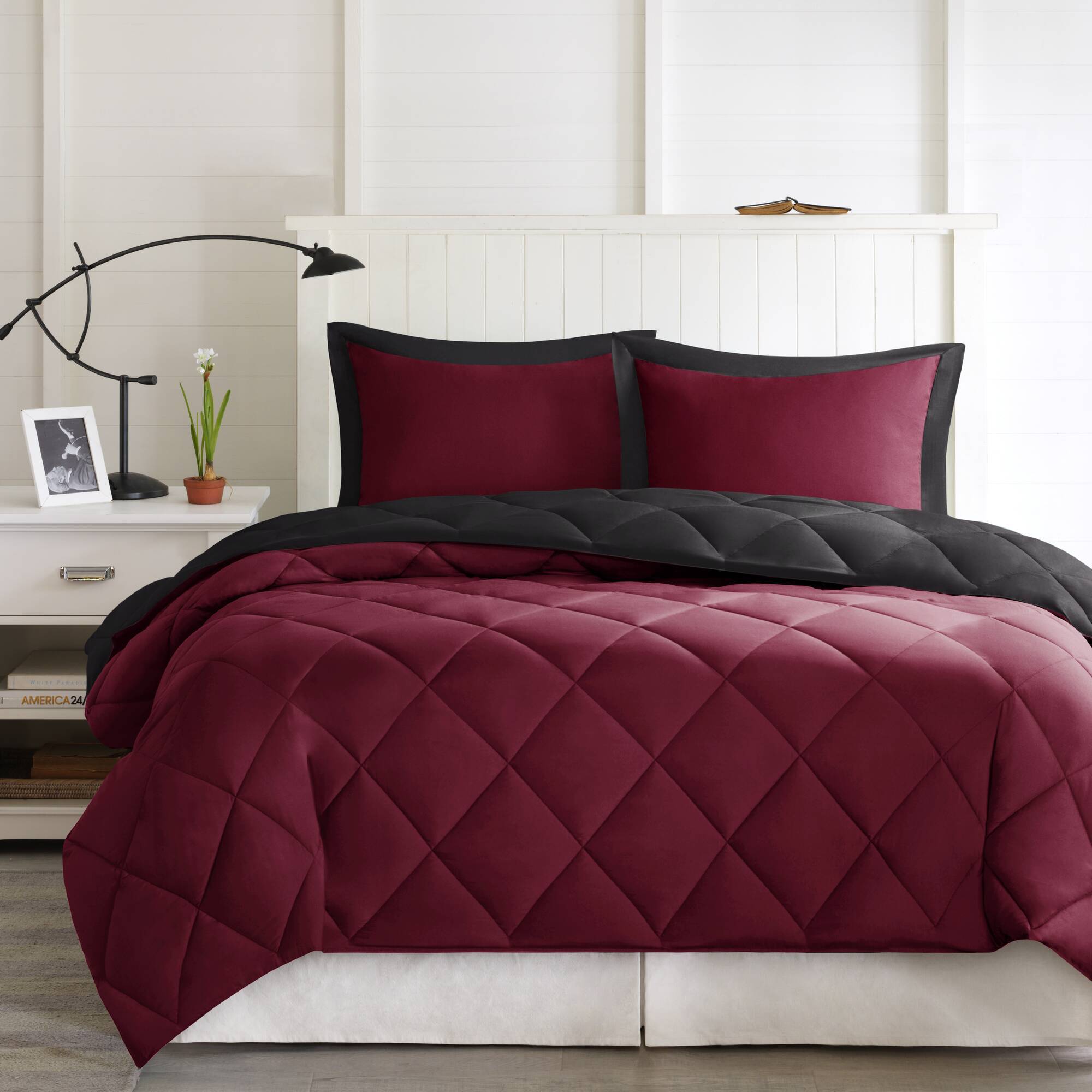 3 Pieces King/Cal King 3M Scotchgard Diamond Quilting Reversible Down Alternative Comforter Set,Red+Black