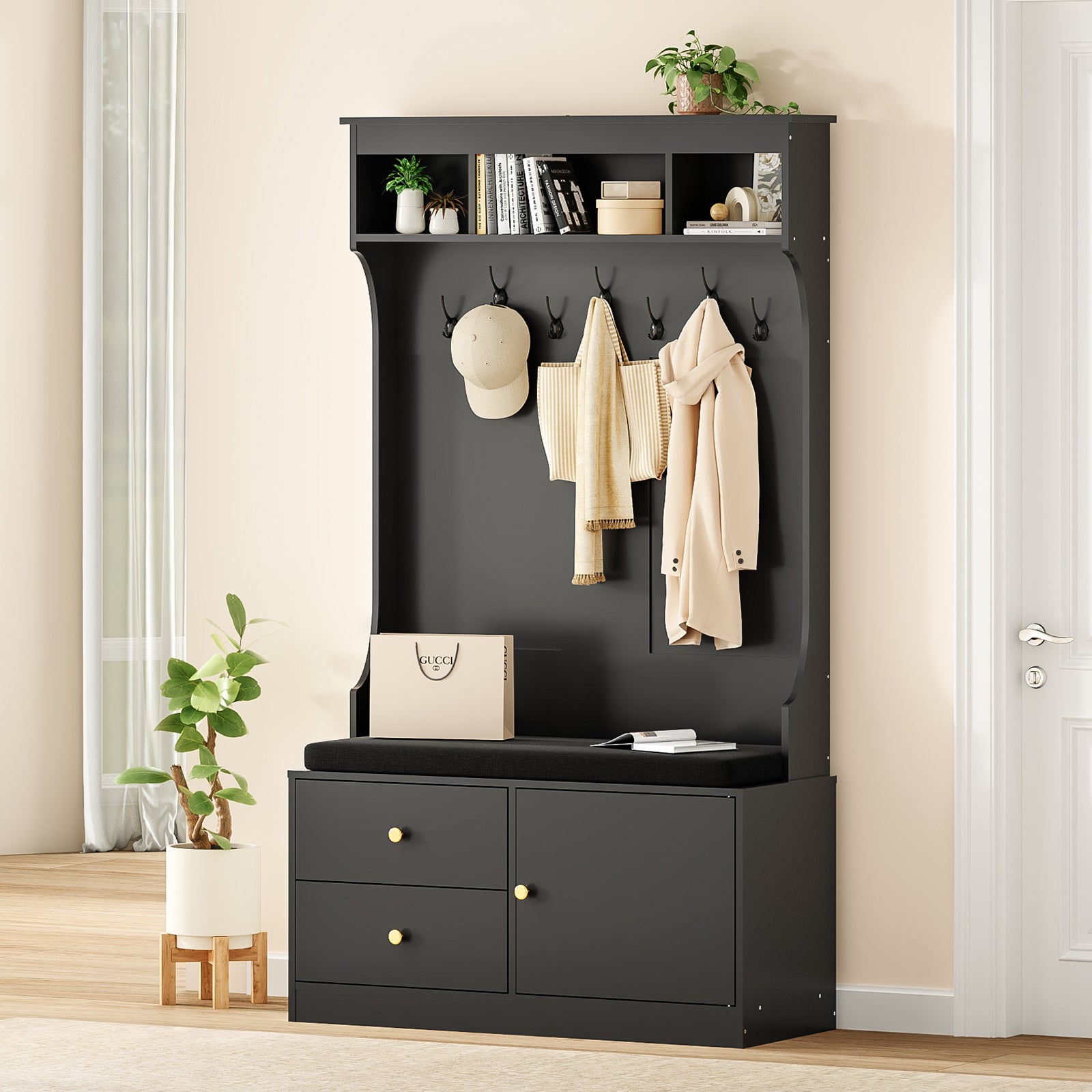Hall Tree with Bench and Shoe Storage, Mud Room with Seating and 7 Hooks, 6-in-1,for Entryway, 70.9'