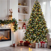 9ft Pre-Lit Pre-Decorated Pine Hinged Artificial Christmas Tree with 1740 Flocked Frosted Tips, 103 Pine Cones, 309 Red Berries,  600 Lights, Metal Base for Holiday Party Office Home