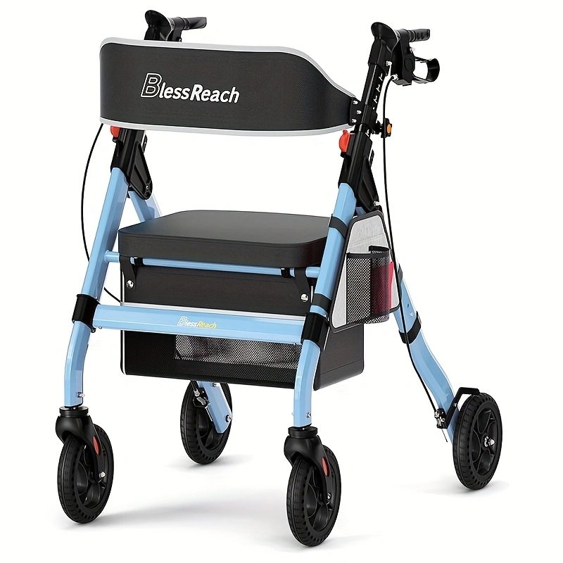 Foldable Rollator Walkers with Seat for Seniors, 450 lb Capacity, 8' Wheels, 18' Big Seat, 6-Position Adjustable Height, Heavy-Duty Aluminum Rolling Walker (BLUE)