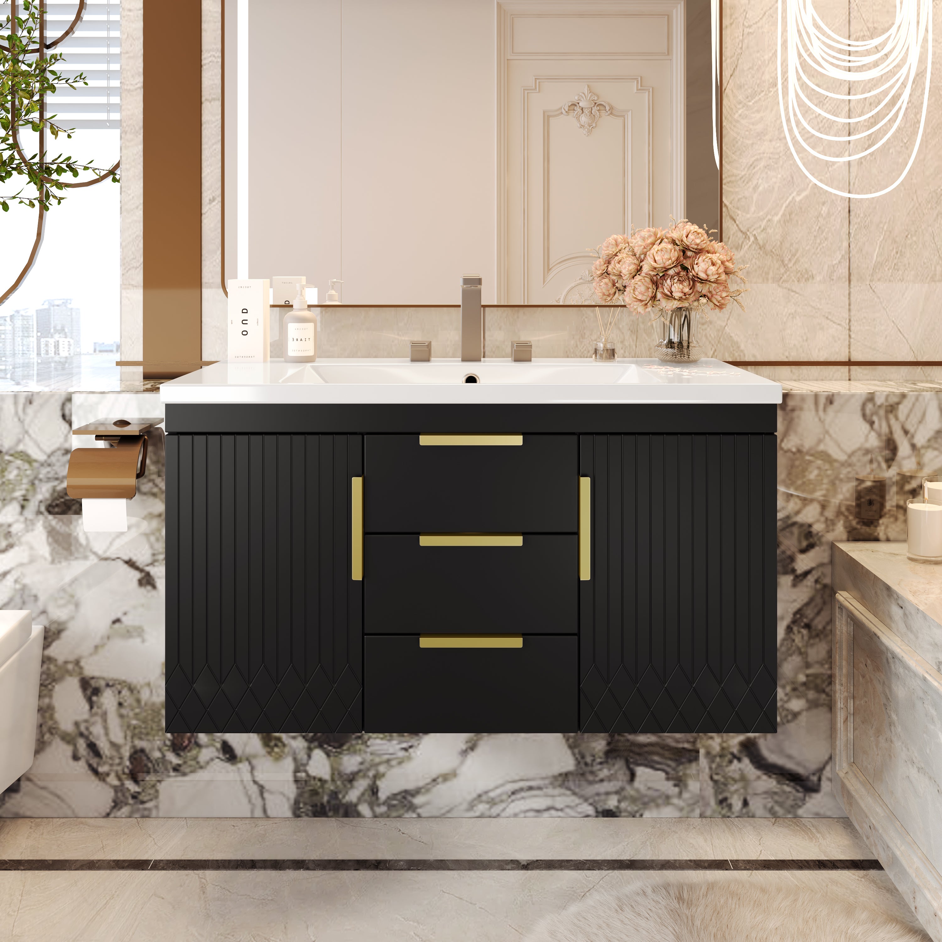 36'' Wall Mounted Bathroom Vanity with Resin Sink, Floating Bathroom Storage Cabinet with 2 Drawers, Solid Wood Bathroom Cabinet (Same as N710S236003B)