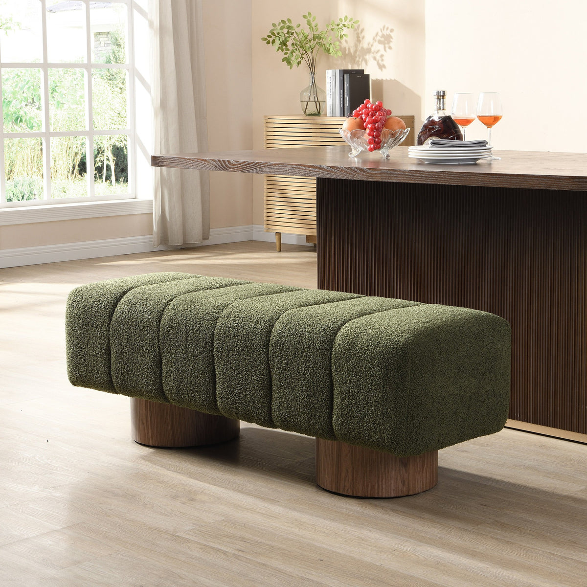 Upholstered Dining Bench for Dining Room, No-Assembly End of Bed Entryway Bench Ottoman for Bedroom Living Room, Green Boucle Fabric Stool Top Wood Leg 300 LBS Weight Capacity