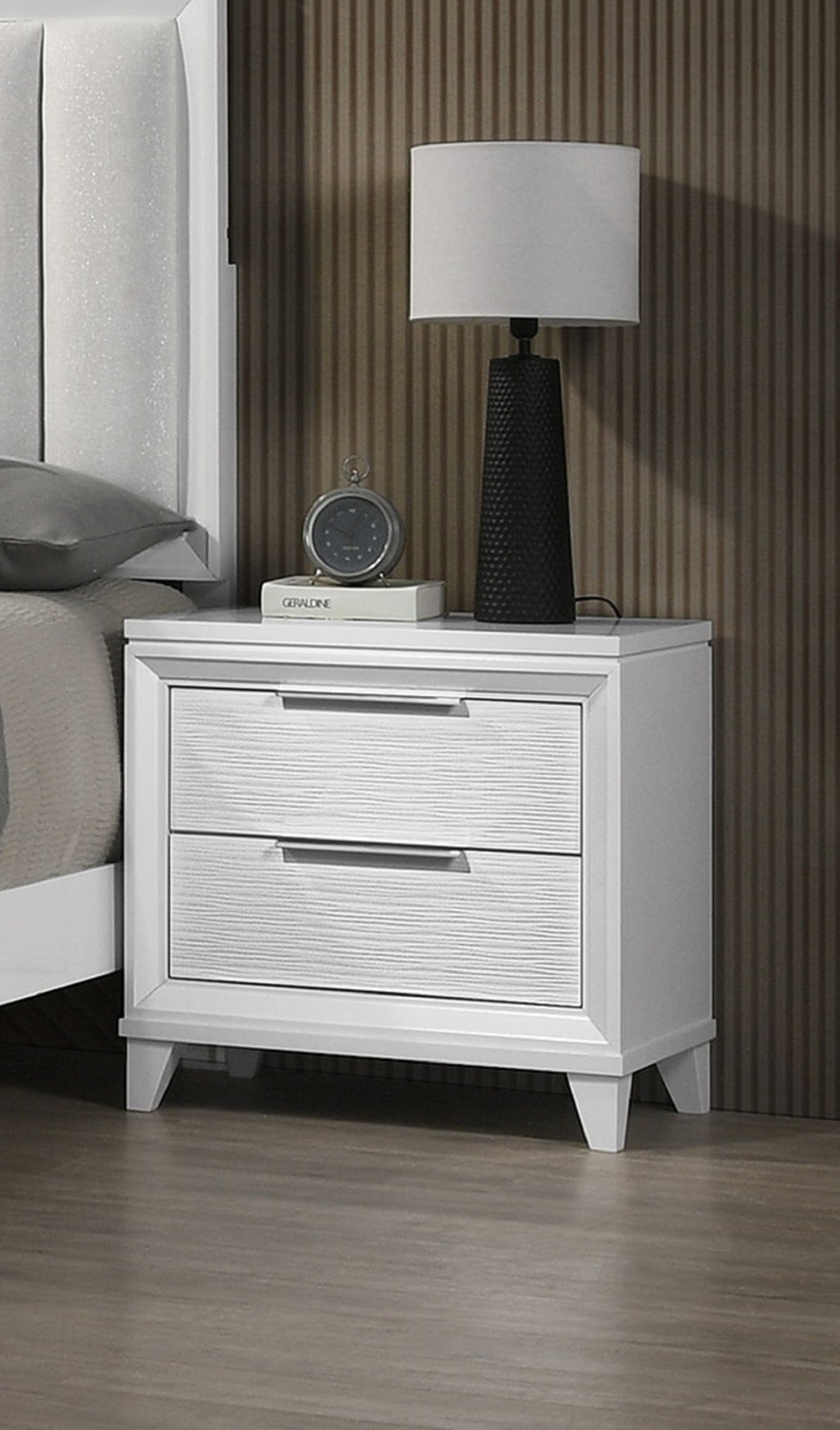 Contemporary White Textured Finish 2-Drawer Storage Nightstand Wooden Bedroom Furniture