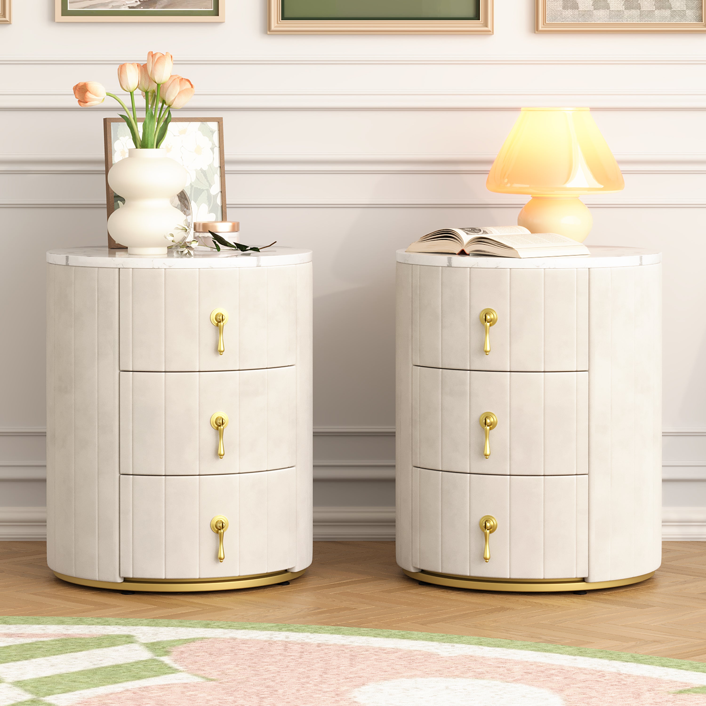2 Set Upholstered Nightstand with 3 Drawers, Round Bedside Table with Metal Handles,Marbling Stickers Top Night Table for Bedroom, Fully Assembled Except Handles, Beige