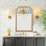 Natural Wood Color 20' x 30' Solid Wood Frame Rounded Corner Decorative Mirror, For Bedroom, Bathroom, Living Room, Entryway