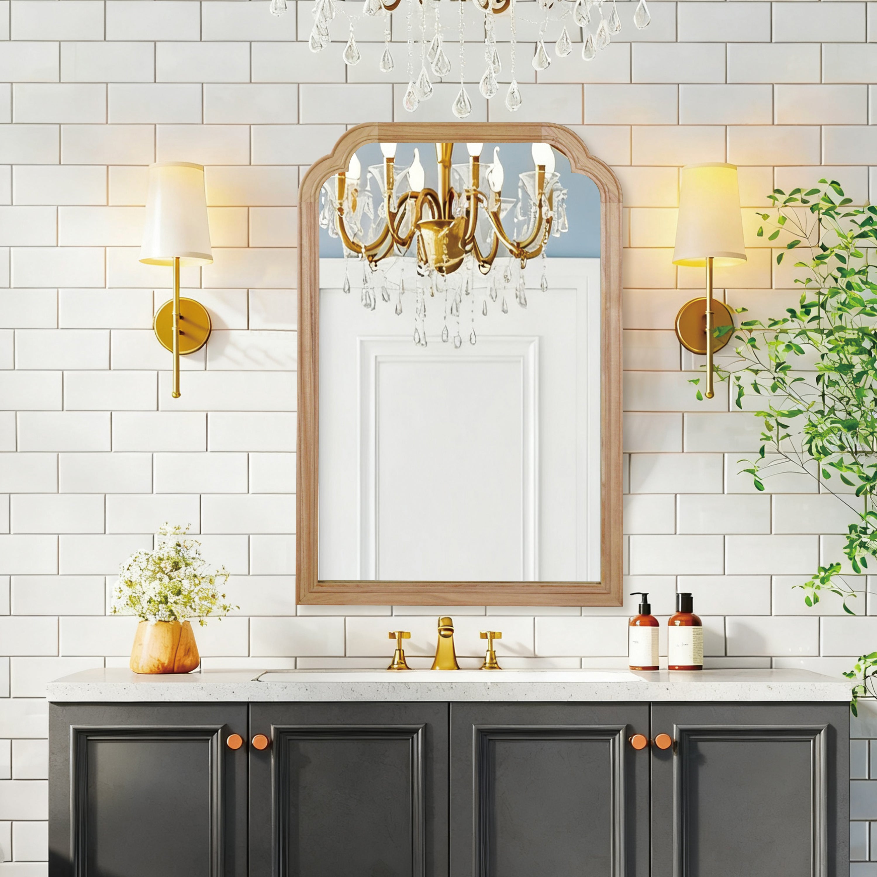 Natural Wood Color 20' x 30' Solid Wood Frame Rounded Corner Decorative Mirror, For Bedroom, Bathroom, Living Room, Entryway