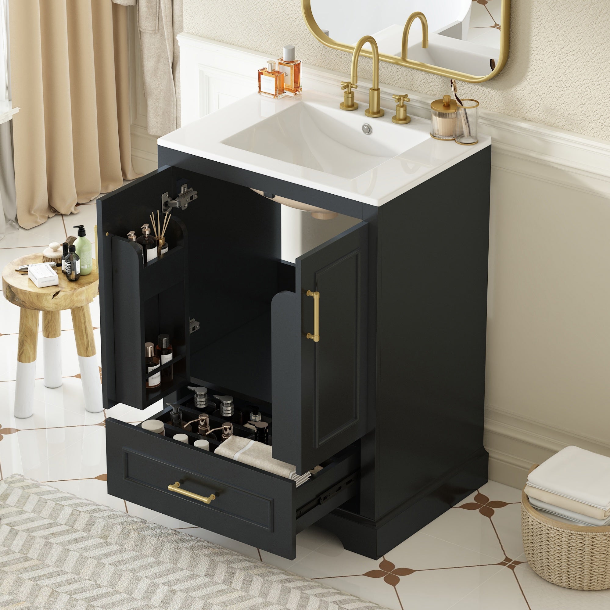 24'Bathroom Vanity with Sink, MDF Cabinet with Solid Wood Frame, 1 Divided Drawer and 2 Soft Close Doors with Dual Door Storage Racks, Freestanding Vanity