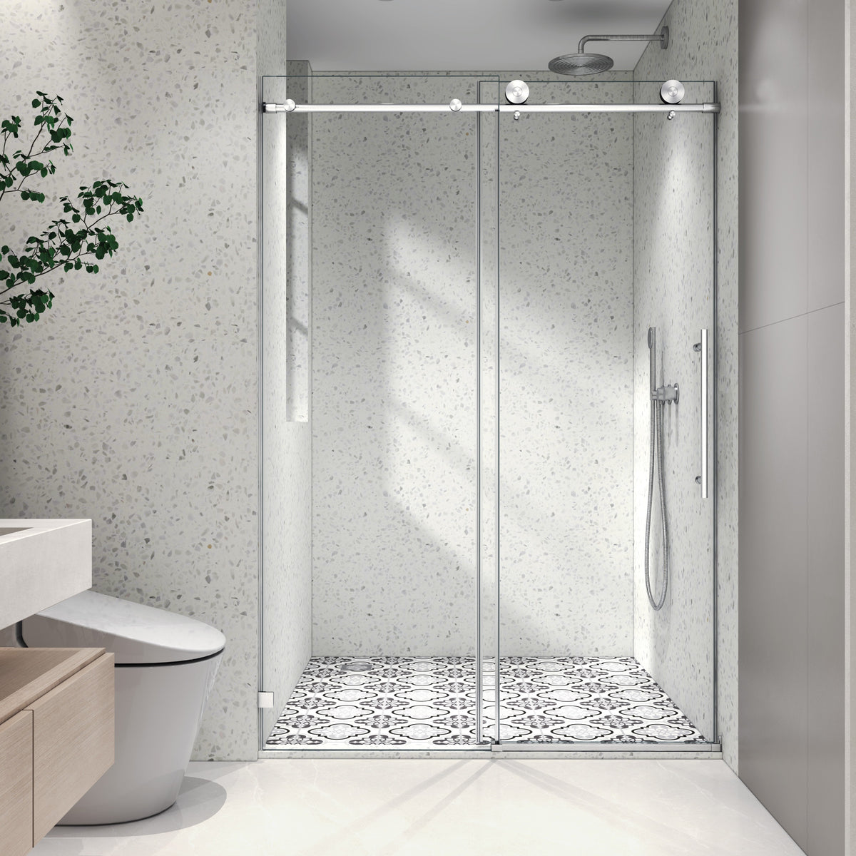 5476 Brushed frameless one fixed and one shifted Shower Door, 70MM 304 stainless steel large pulleys with adjustable soft closing function,with nano easy cleaning and stick explosion-proof menbrance
