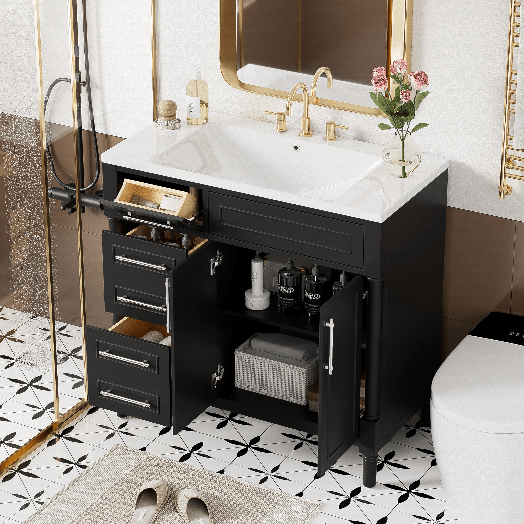36'' Bathroom Vanity with Top Resin Sink, Freestanding Bathroom Storage Cabinet with 2 Drawers and a Tip-out Drawer, Solid Wood Frame Vanity Set, Height Adjustable Shelf