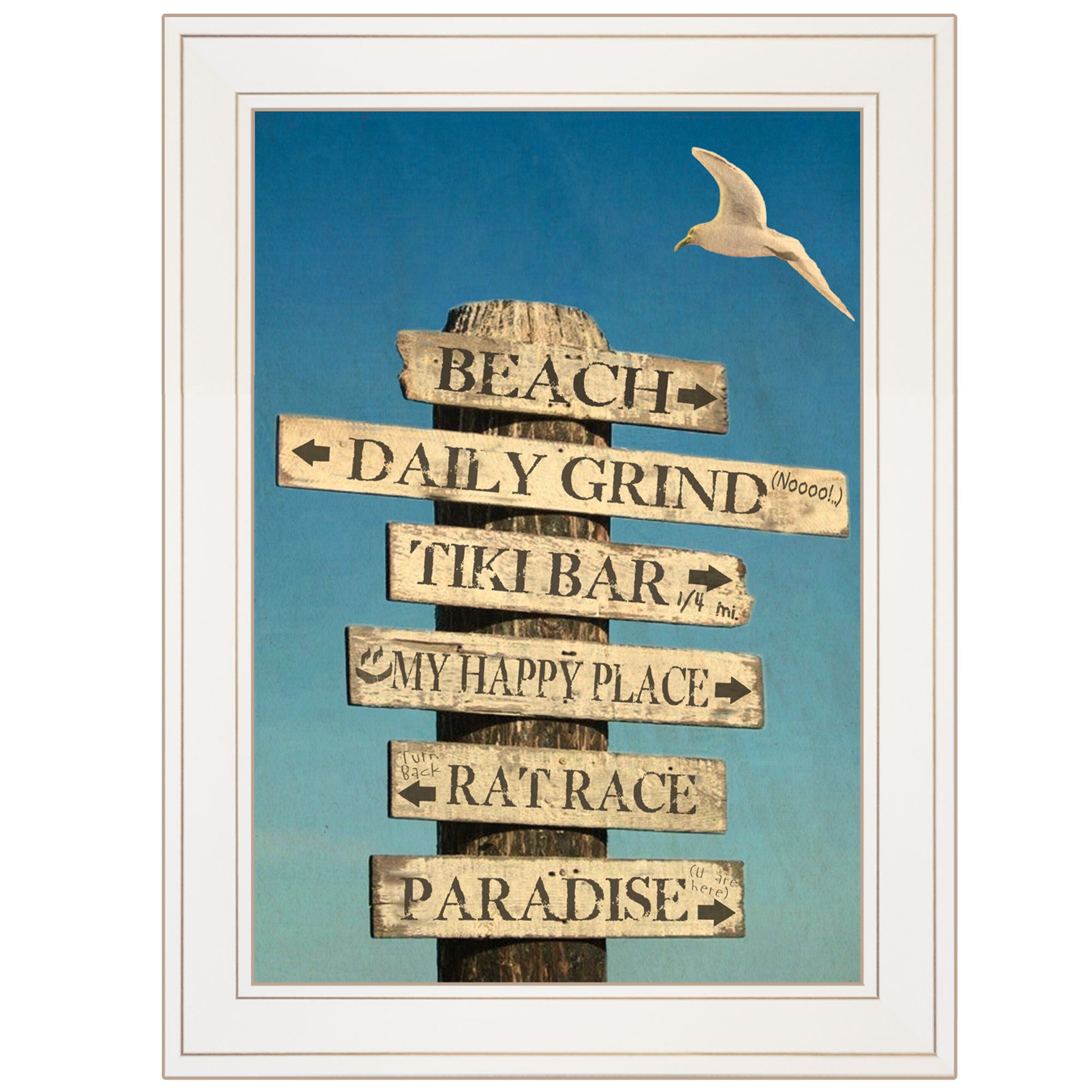 'Beach Directional' by Graffitee Studios, Ready to Hang Framed Print, White Frame