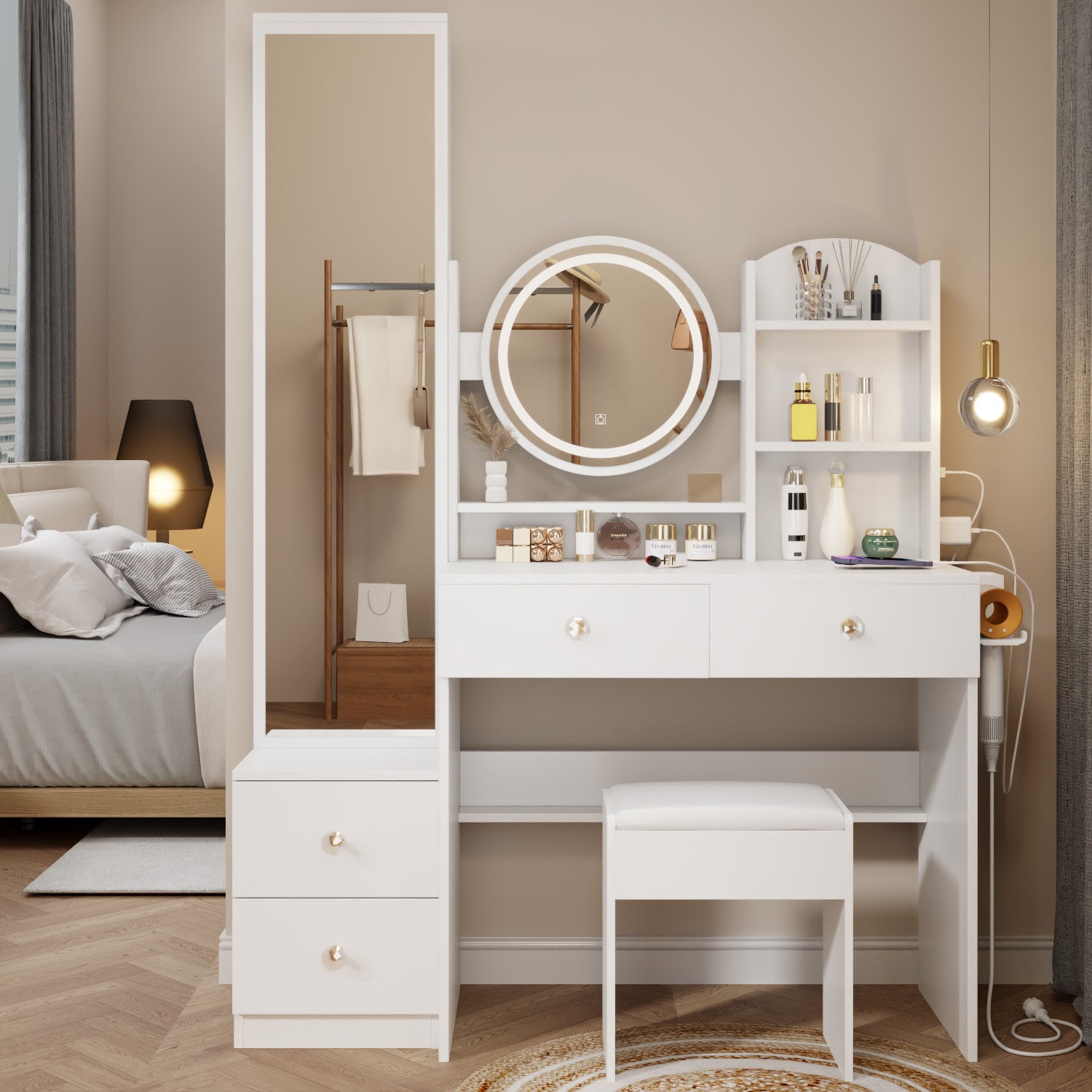 Full Body Mirror Cabinet + Round Mirror LED Vanity Table + Cushioned Stool, With 2 AC + 2 USB Power Station,17' diameter LED Mirror, Touch Control, 3-color, Brightness adjustable, Large desktop