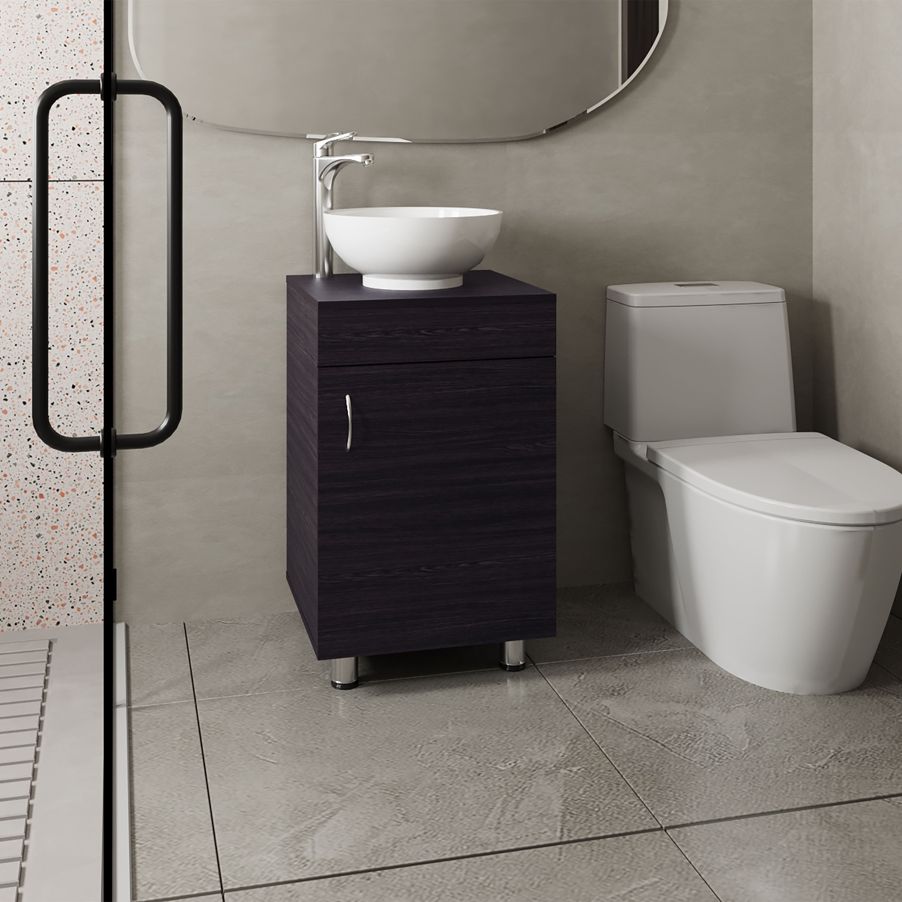 Tacna 18' Wide Free Standing One Door Vanity, With Vessel Porcelain Sink, Bathroom Storage, Black