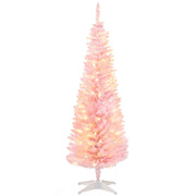 HOMCOM 5' Tall Pre-Lit Slim Noble Fir Artificial Christmas Tree with 110 Warm White LED Lights and 294 Tips, for Christmas Decoration, Pink