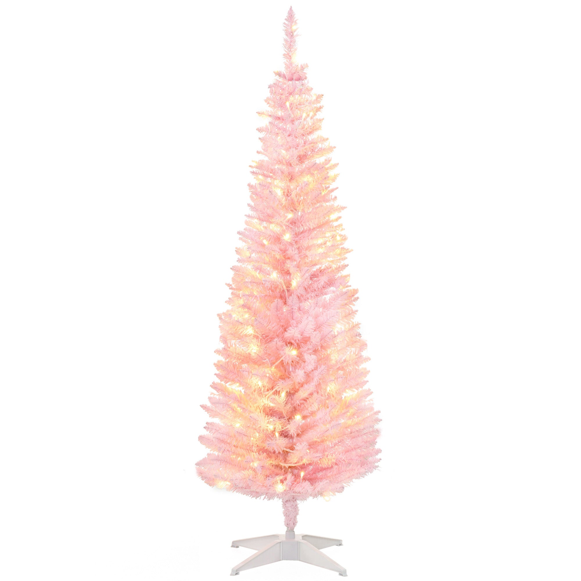 HOMCOM 5' Tall Pre-Lit Slim Noble Fir Artificial Christmas Tree with 110 Warm White LED Lights and 294 Tips, for Christmas Decoration, Pink