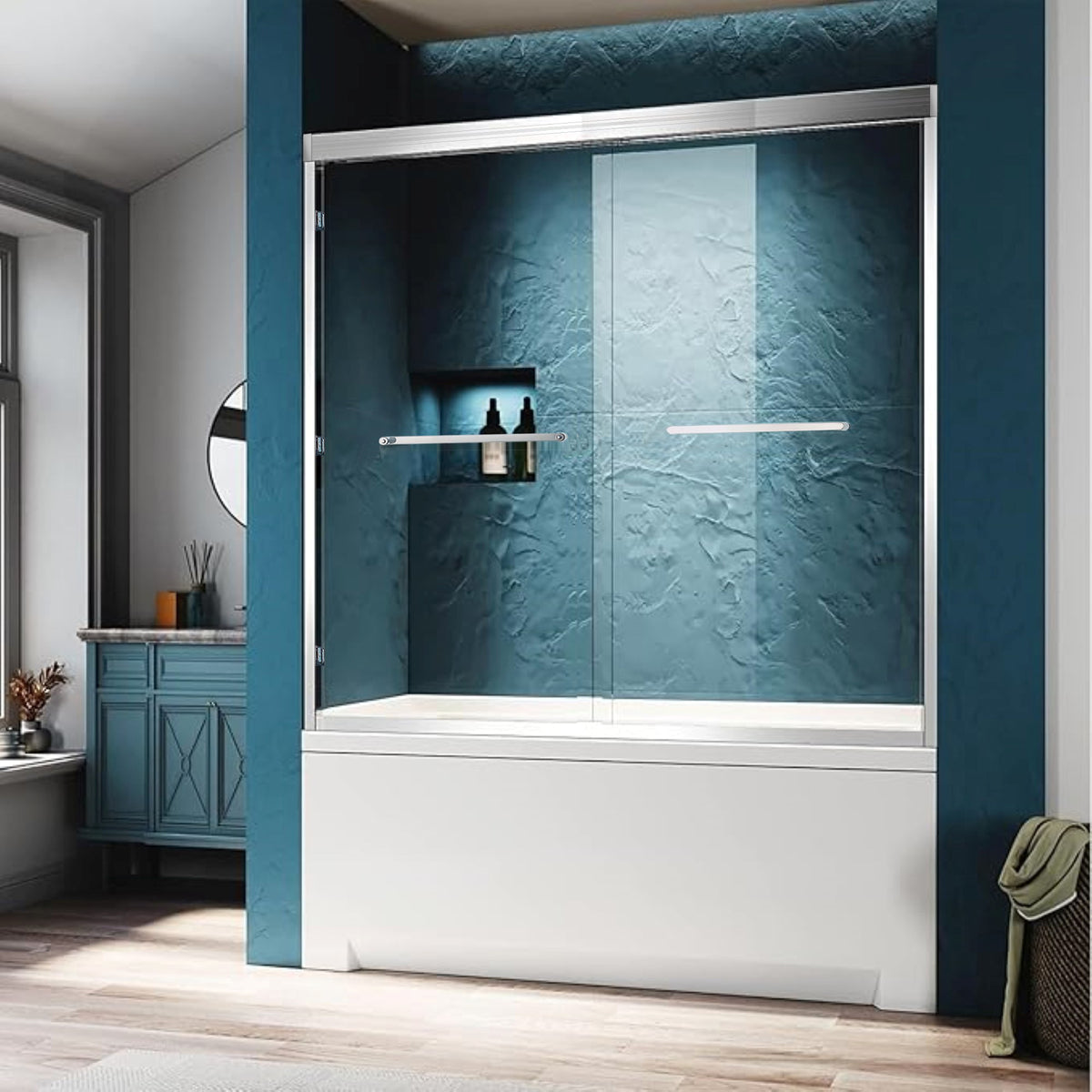 56-60'W x 60'H Double Sliding Tub Shower Door, Aluminium Alloy Frame in Chrome, 1/4' (6mm) Thick SGCC Tempered Clear Glass.