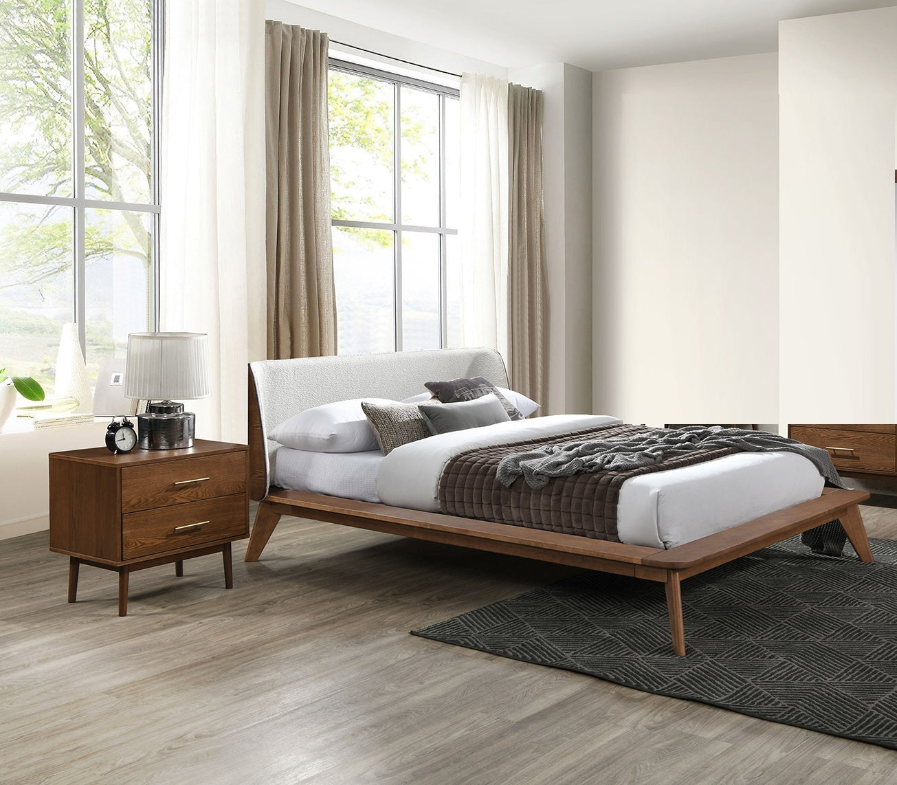 Gorgeous Walnut 3pc Bedroom Set King Size Bed 2x Nightstands Beige Upholstered Fabric Winged Edge Panel HB Mid-Century Modern Style