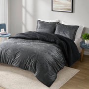3 PCS Full/Queen Crushed Velvet Sherpa Reversible Comforter Set Charcoal