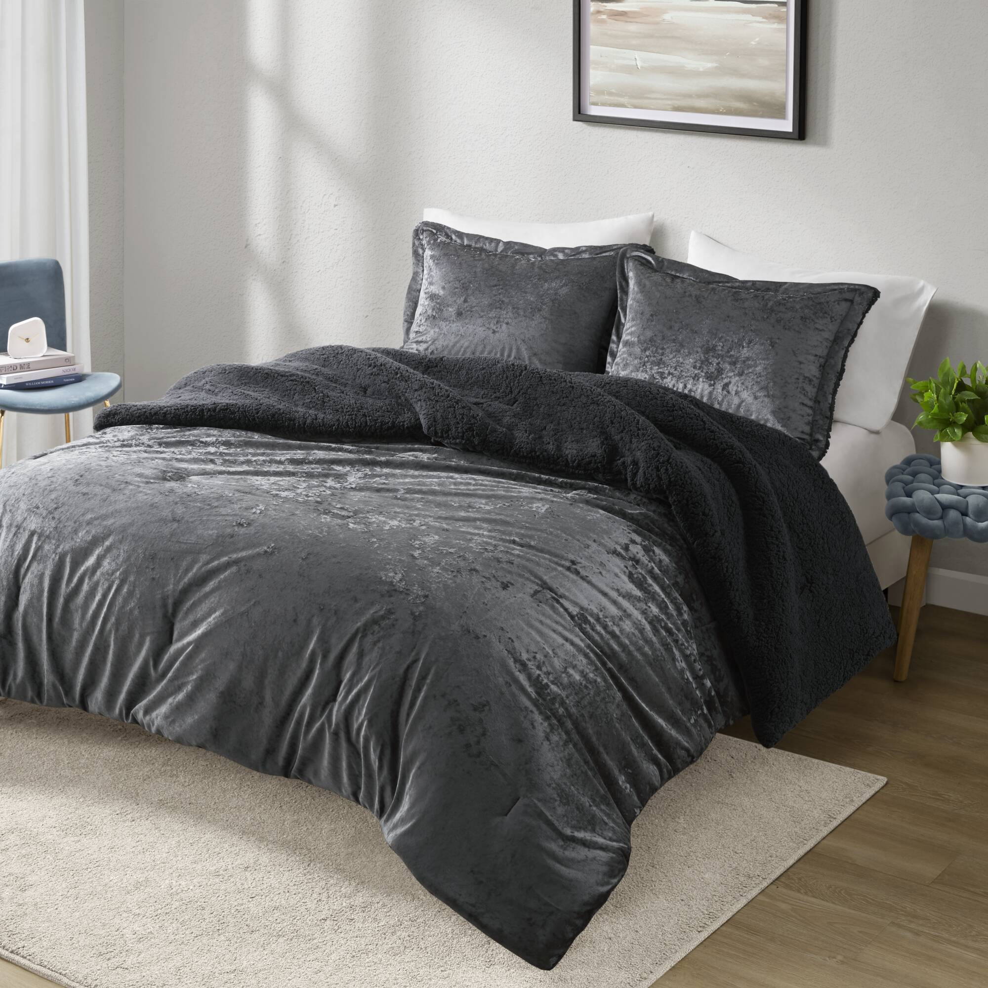 3 PCS Full/Queen Crushed Velvet Sherpa Reversible Comforter Set Charcoal
