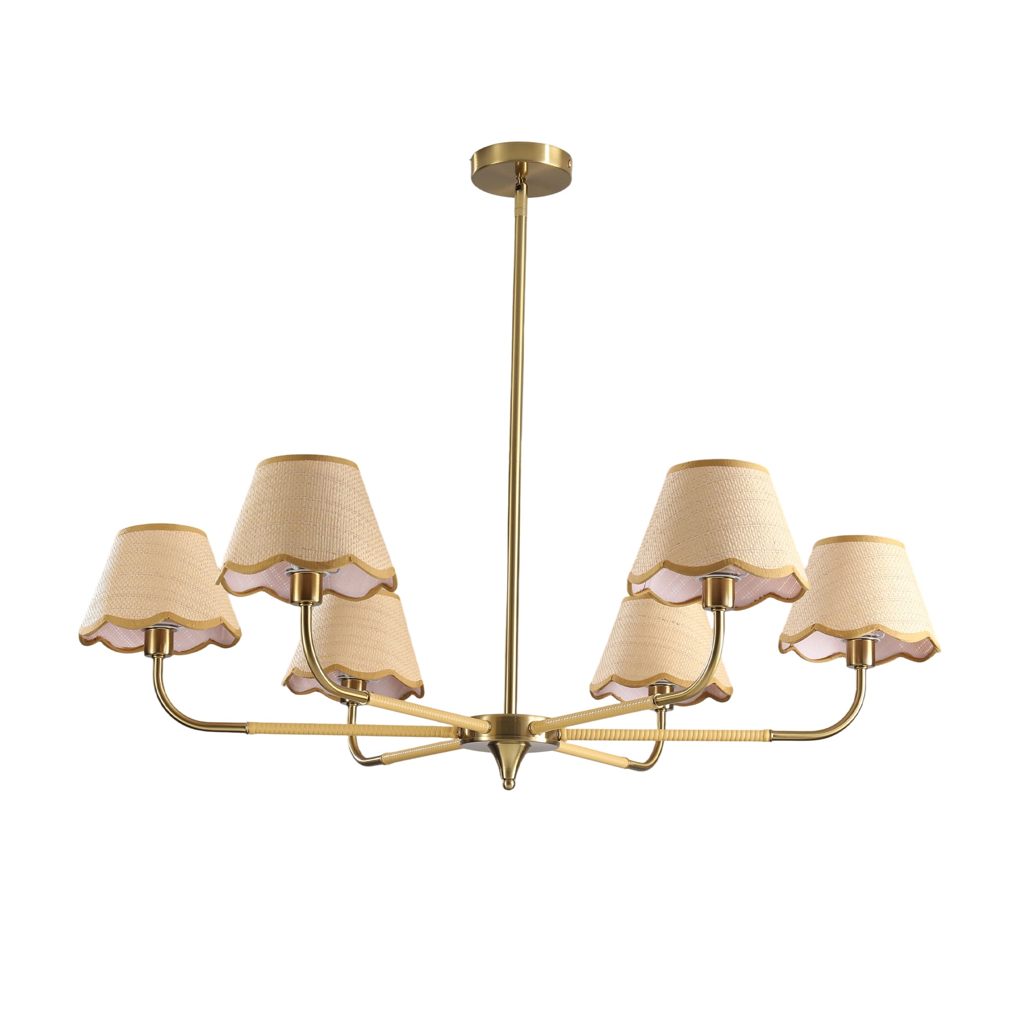 38' Gold 6-lamp Chandelier with Hand-Woven Rattan Lampshade,  Mid-Century Hanging Pendant Light Fixture for Dining Room, Living Room, or Kitchen (Bulb Not Included)