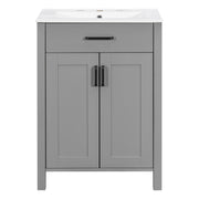 Modern 48-Inch Bathroom Vanity with Ceramic Sink, Soft-Close Doors, Flip Drawer, Double-Layer Door Shelves, Grey Solid Wood+MDF Frame, 48'W x 18.3'D x 34'H