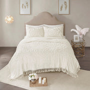 Tufted Cotton Chenille Medallion Fringe Coverlet Mini Set Off-White King/Cal King