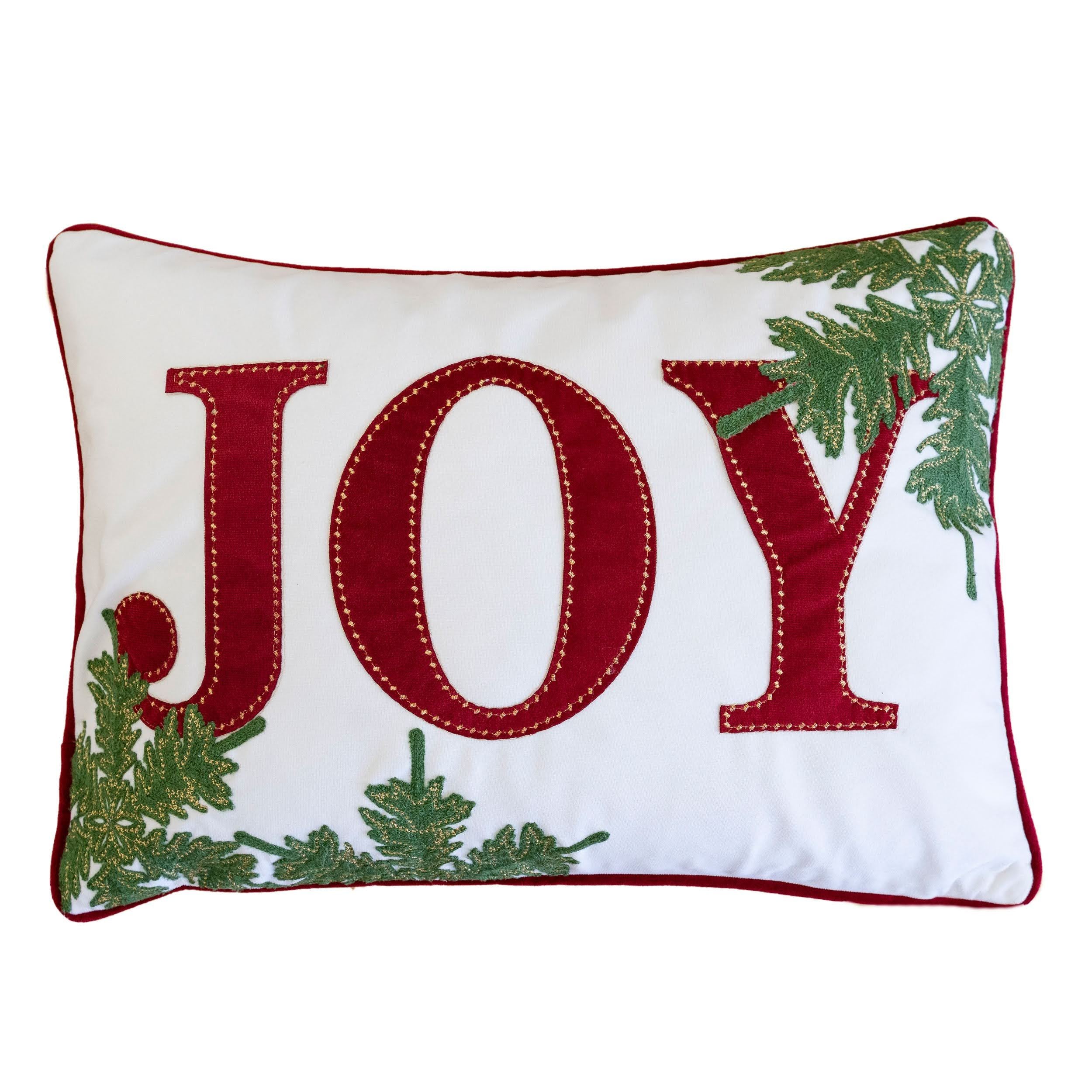 JOY Embroidered Christmas Throw Pillow – 14x20' Velvet Lumbar Cushion in Red and White with Green Holiday Accents