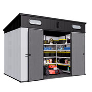 Durable 10 ft. W x 7 ft. D Plastic Storage Shed with Floor, Weather-Resistant, Steel-Reinforced, Black and Gray