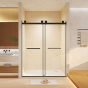 Frameless Double Sliding  Shower Door 56-60 'W x 74' H, 5/16 '(8mm) Tempered Glass, Explosion Proof Film, Stainless Steel Handle, Square Tube Track, Matte Black