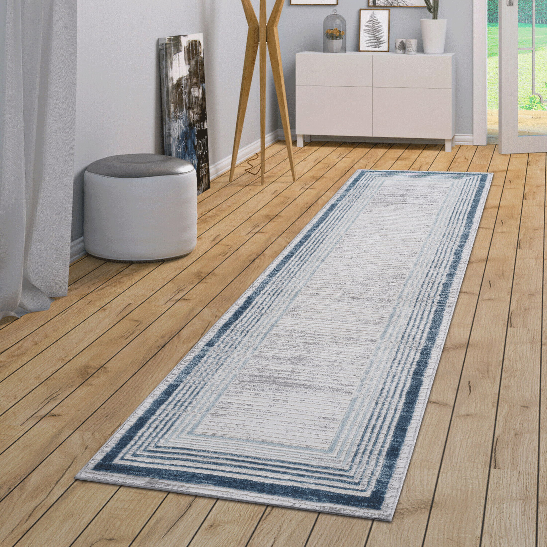 LOOM & LUXE Collection 2X8 Blue/Ivory/Bordered Non-Shedding Living Room Bedroom Dining Home Office Stylish and Stain Resistant Area Rug