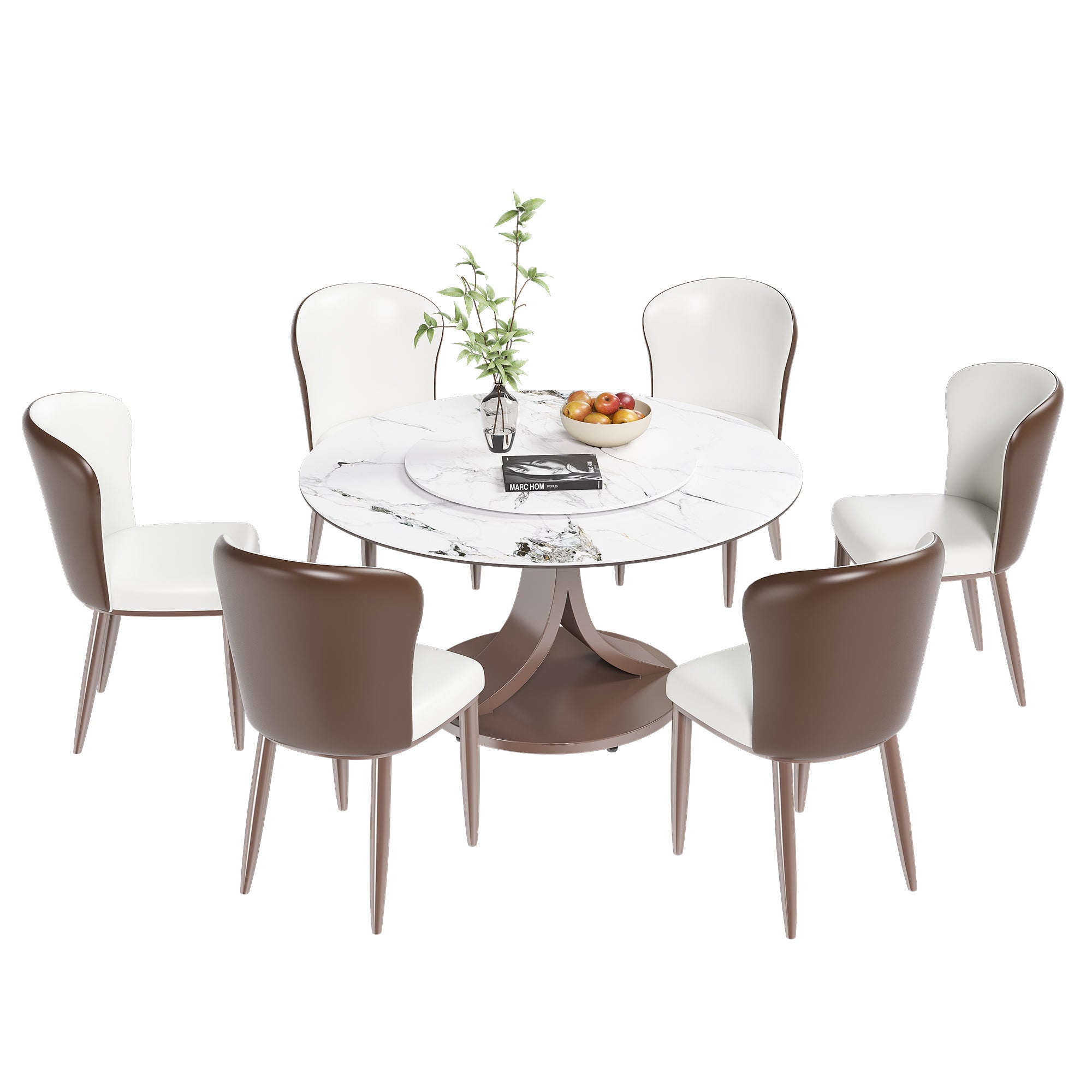Modern Round Dining Table with 360° Rotating Lazy Susan in White Sintered Stone Top for Dining Room & Kitchen (6 Chairs)