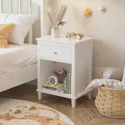 26.77''H Wooden Nightstand with One Drawer One Shelf for Kids, Adults, White+Golden handle