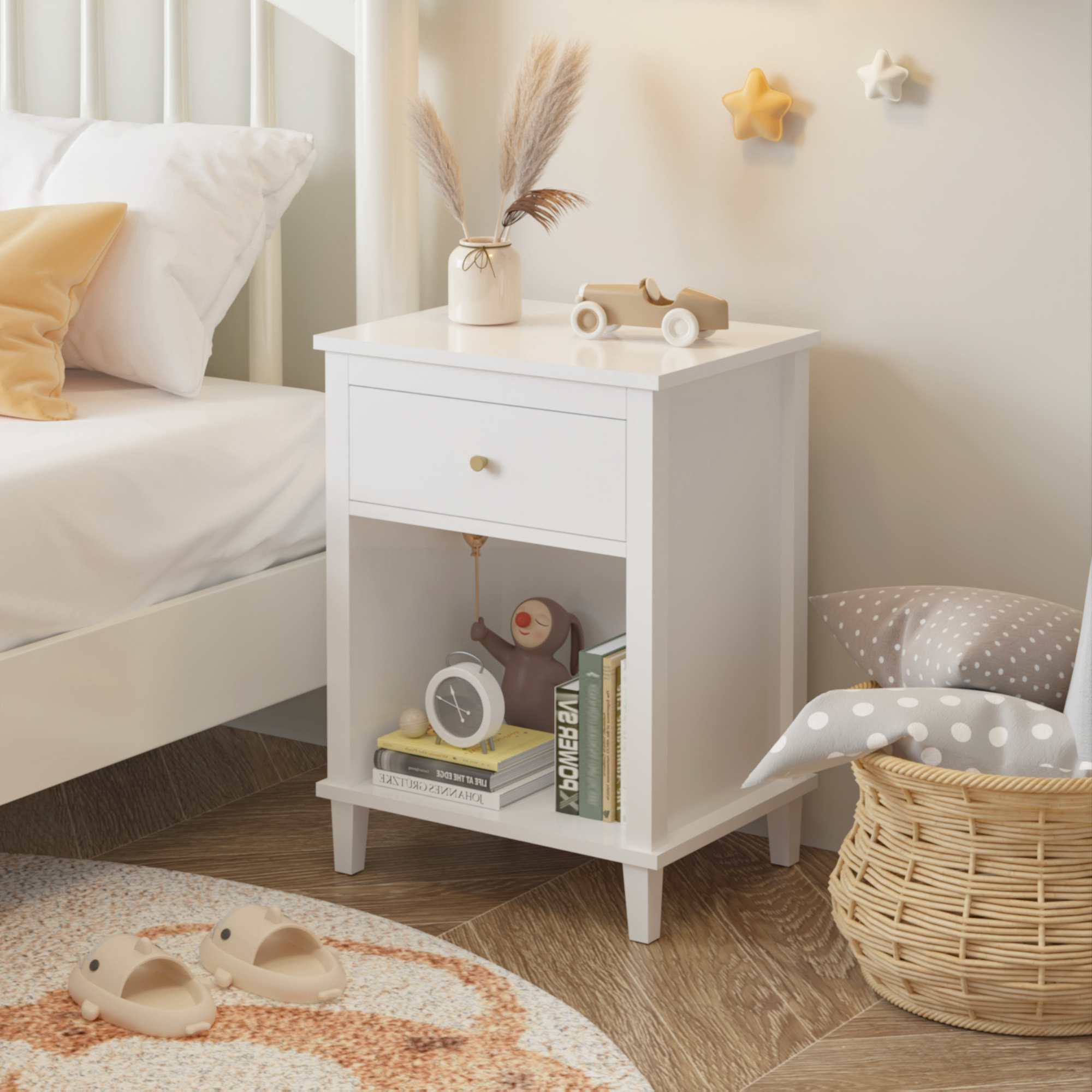 26.77''H Wooden Nightstand with One Drawer One Shelf for Kids, Adults, White+Golden handle
