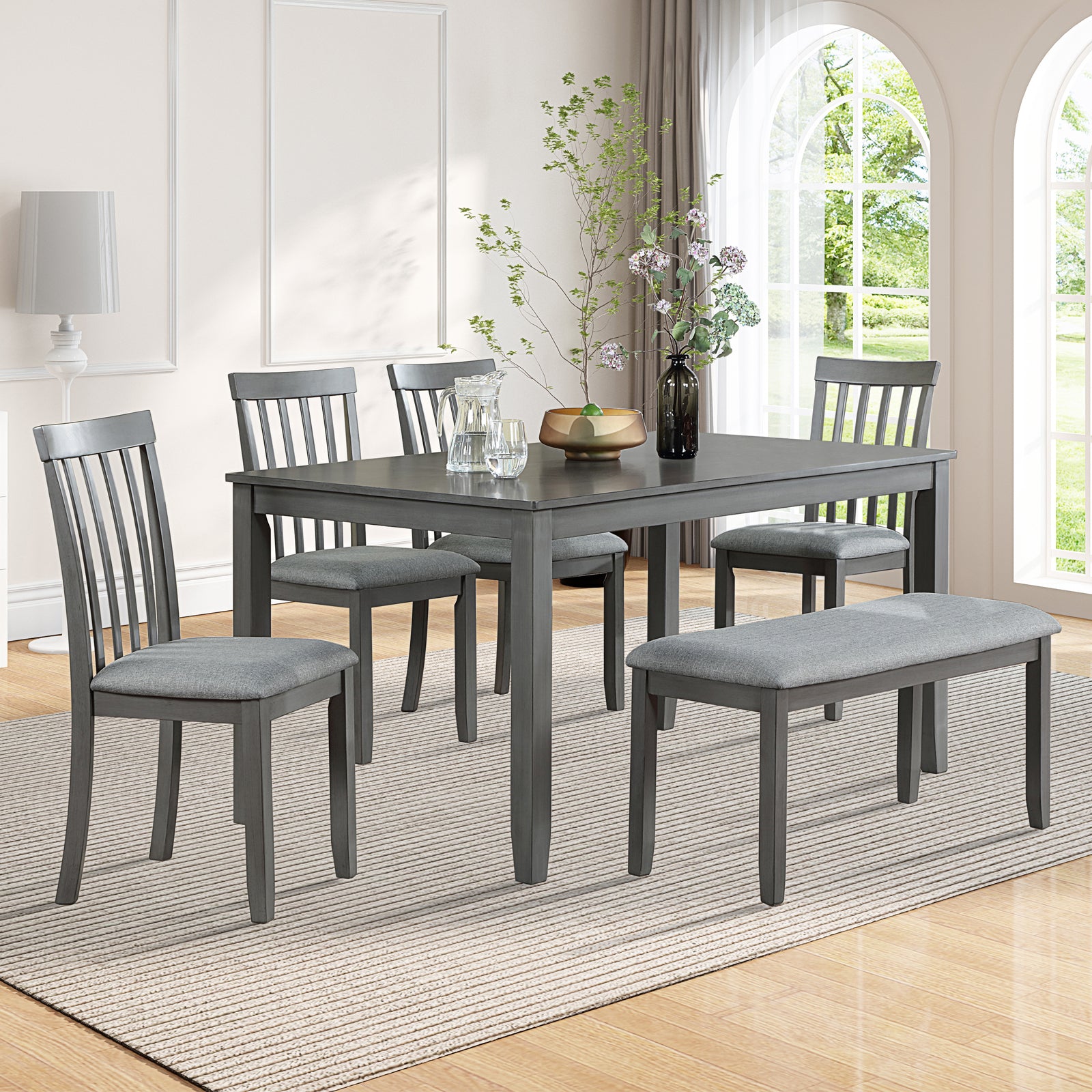 6 Piece Kitchen Dining Set, Rectangular Wooden Dining Table with 4 Upholstered Chairs and a Bench, Dining Table Set for 6 People, Living Room, Home Bar and Kitchen, Grey