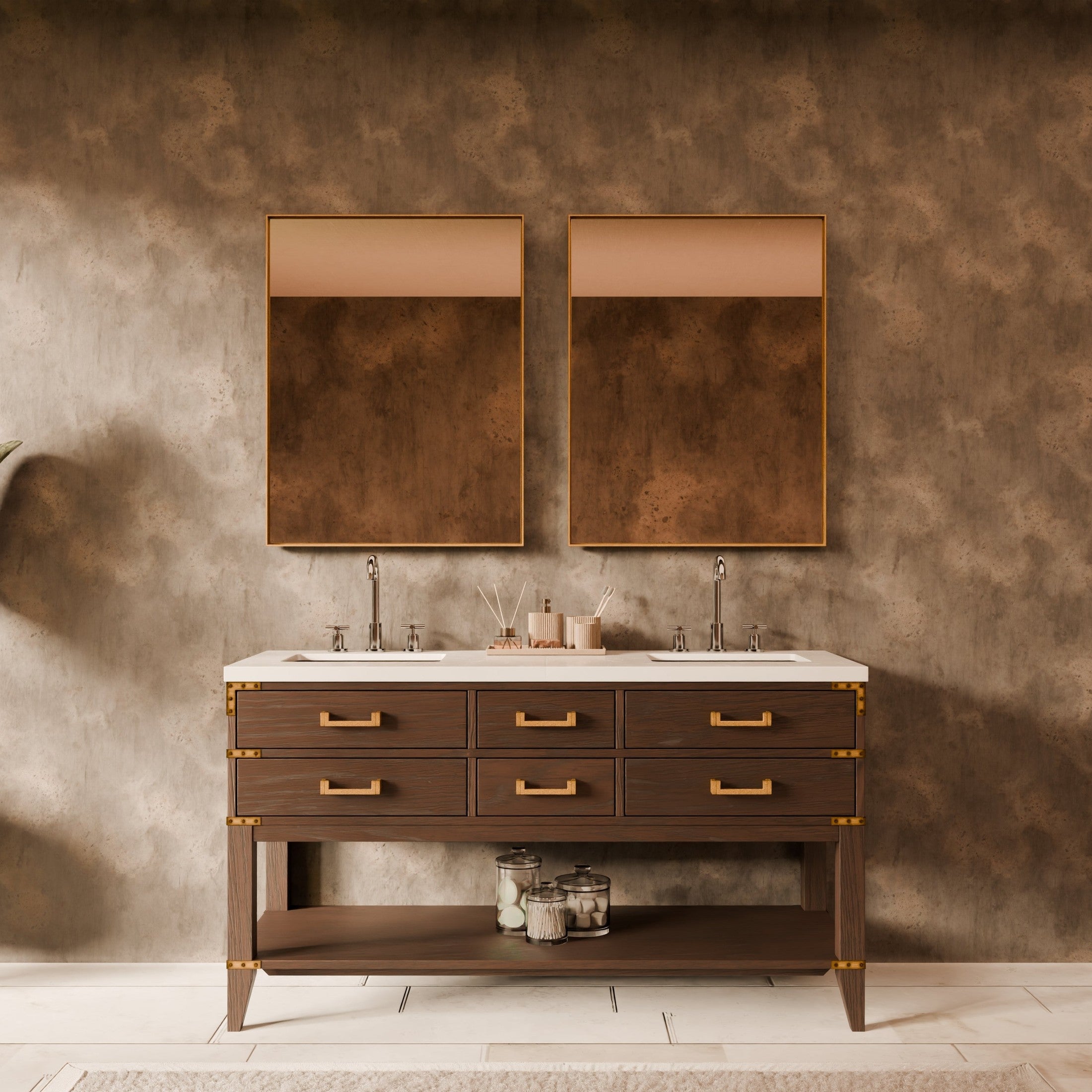 Brown Oak Double Bath Vanity 60 in. W x 22 in. D, with White Quartz Top