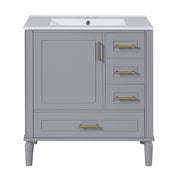 Modern Gray Bathroom Vanity with Ceramic Sink, Soft-Close Door, Gold Handles, and Ample Storage