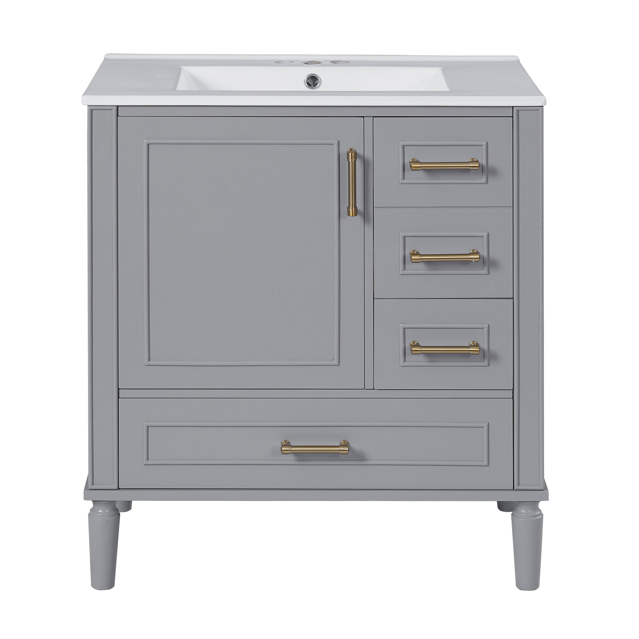 Modern Gray Bathroom Vanity with Ceramic Sink, Soft-Close Door, Gold Handles, and Ample Storage