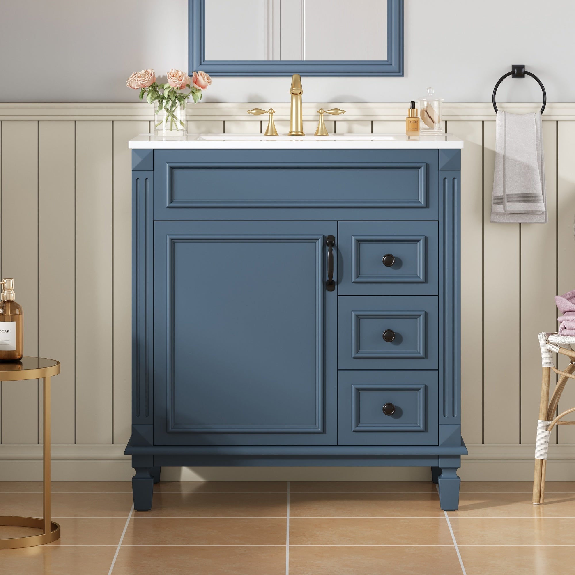 30' Bathroom Vanity with Ceramic Sink, Small Bathroom Sink Cabinet, Modern Cabinet with 2 Drawers and Adjustable Shelf