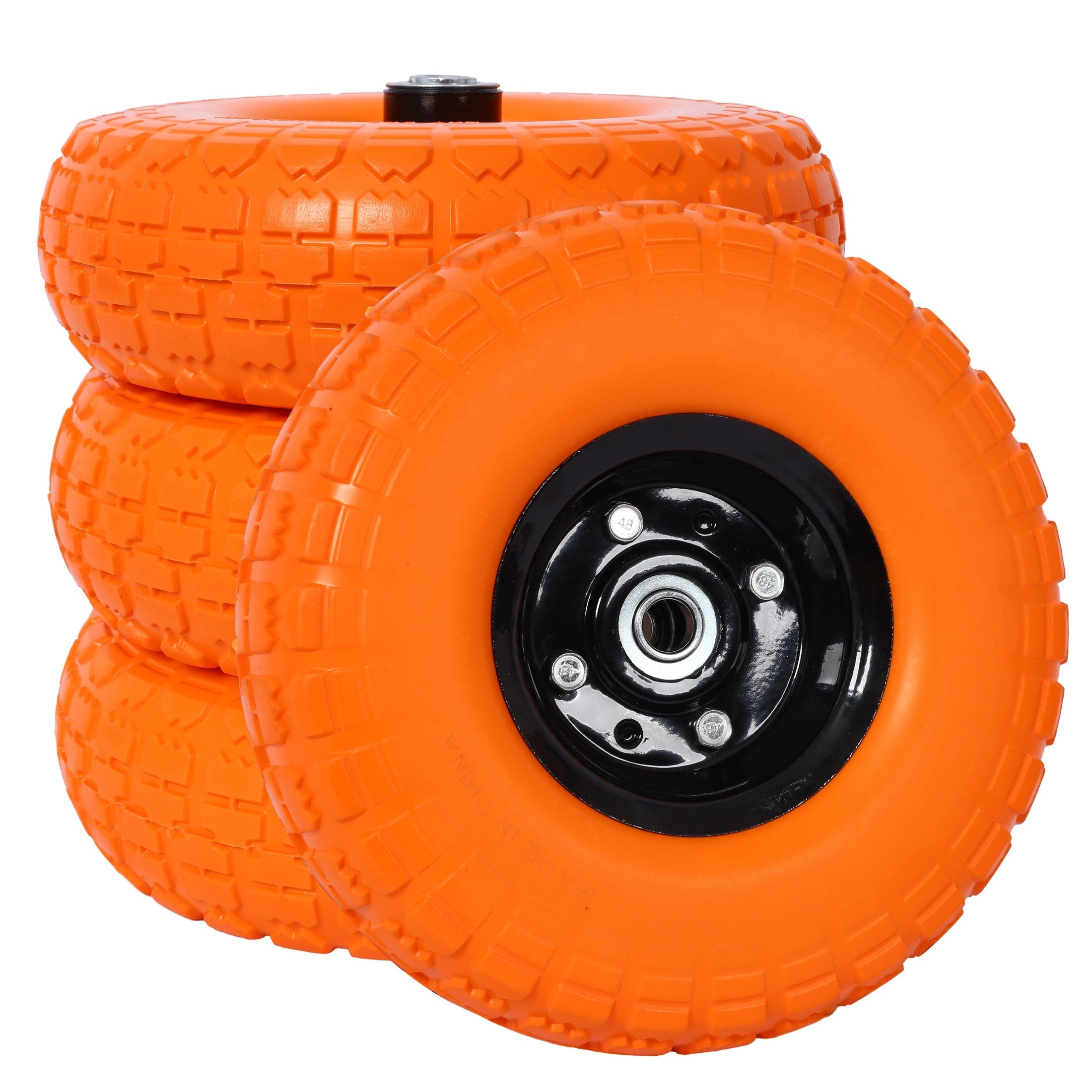 Heavy-Duty Flat free PU foam Tire and Wheel - 4.10/3.50-4',  10' Diameter, 5/8' Axle Bore Hole, 2.2' Offset Hub and Double Sealed Bearings for Hand Trucks Replacement,orange color
