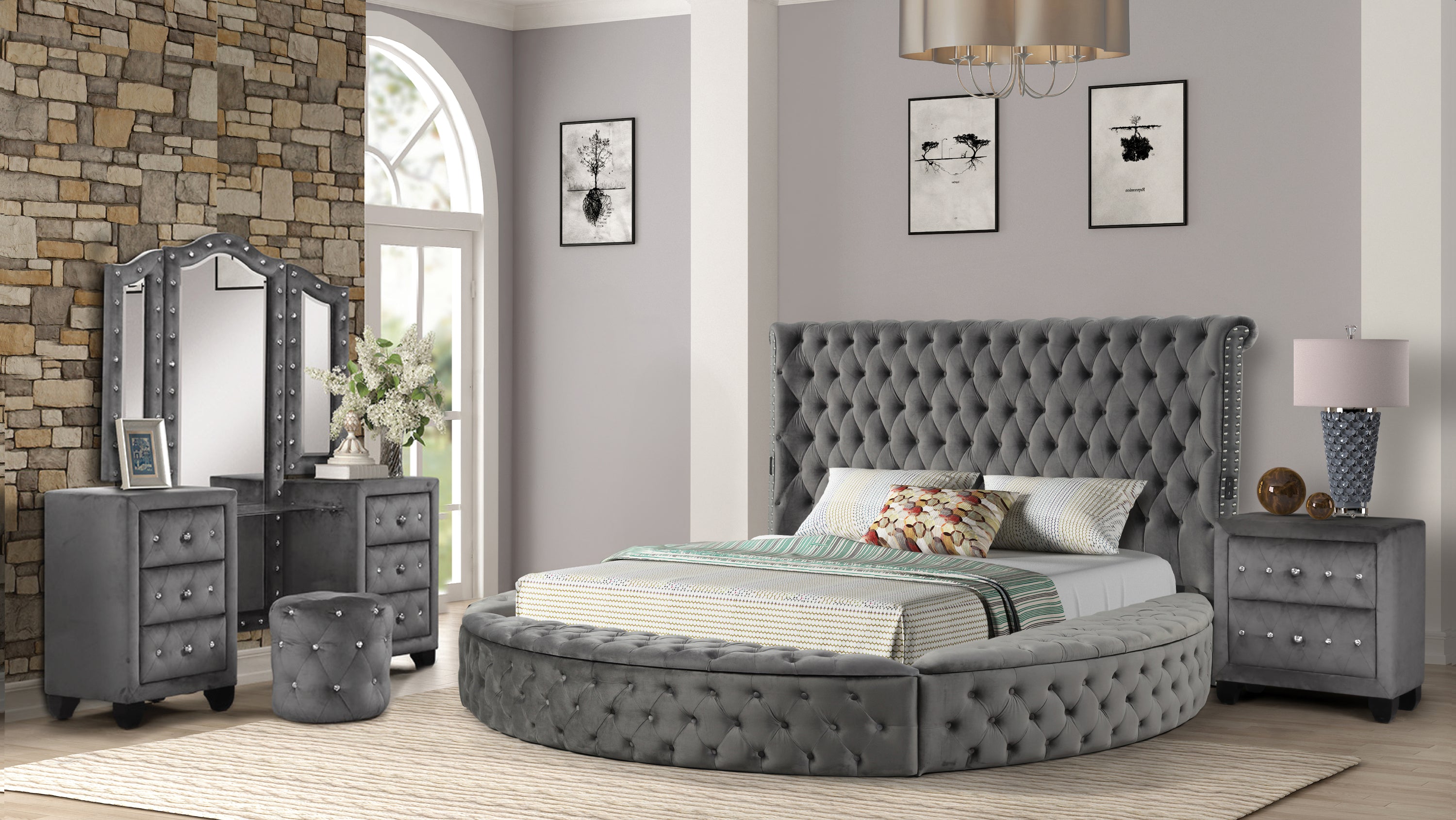 HAZEL Queen 4 Pc Vanity Bedroom Set Made With Wood In Gray Color(CA INVENTORY)