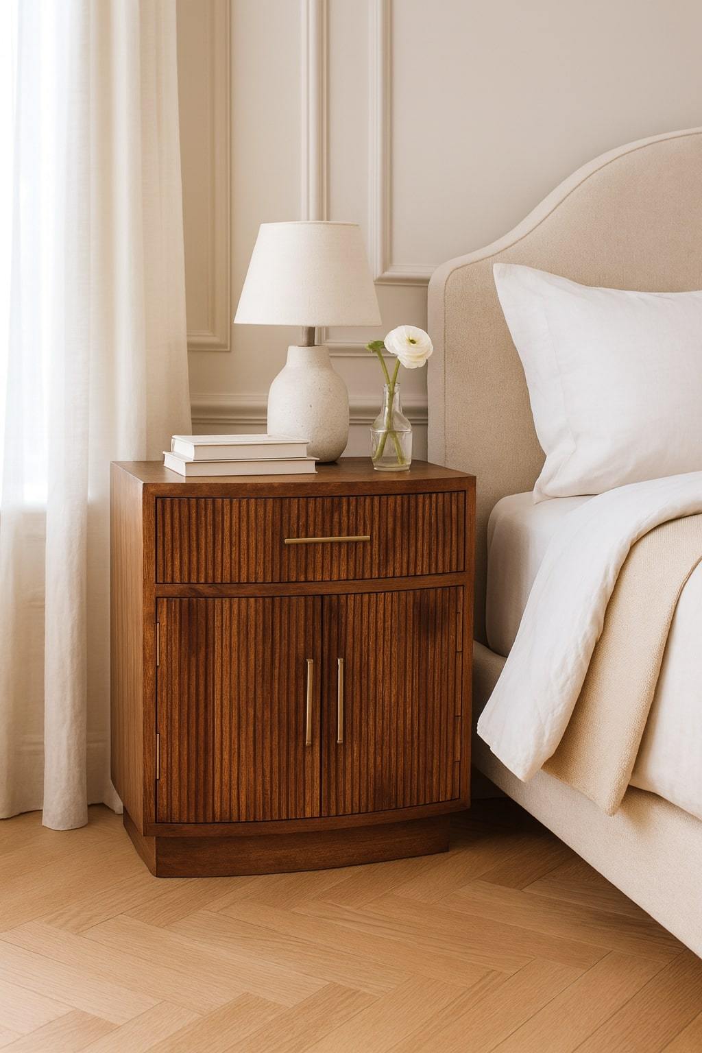 Solid Wood Curved Ribbed Bedside with Drawer,Brown,1-door