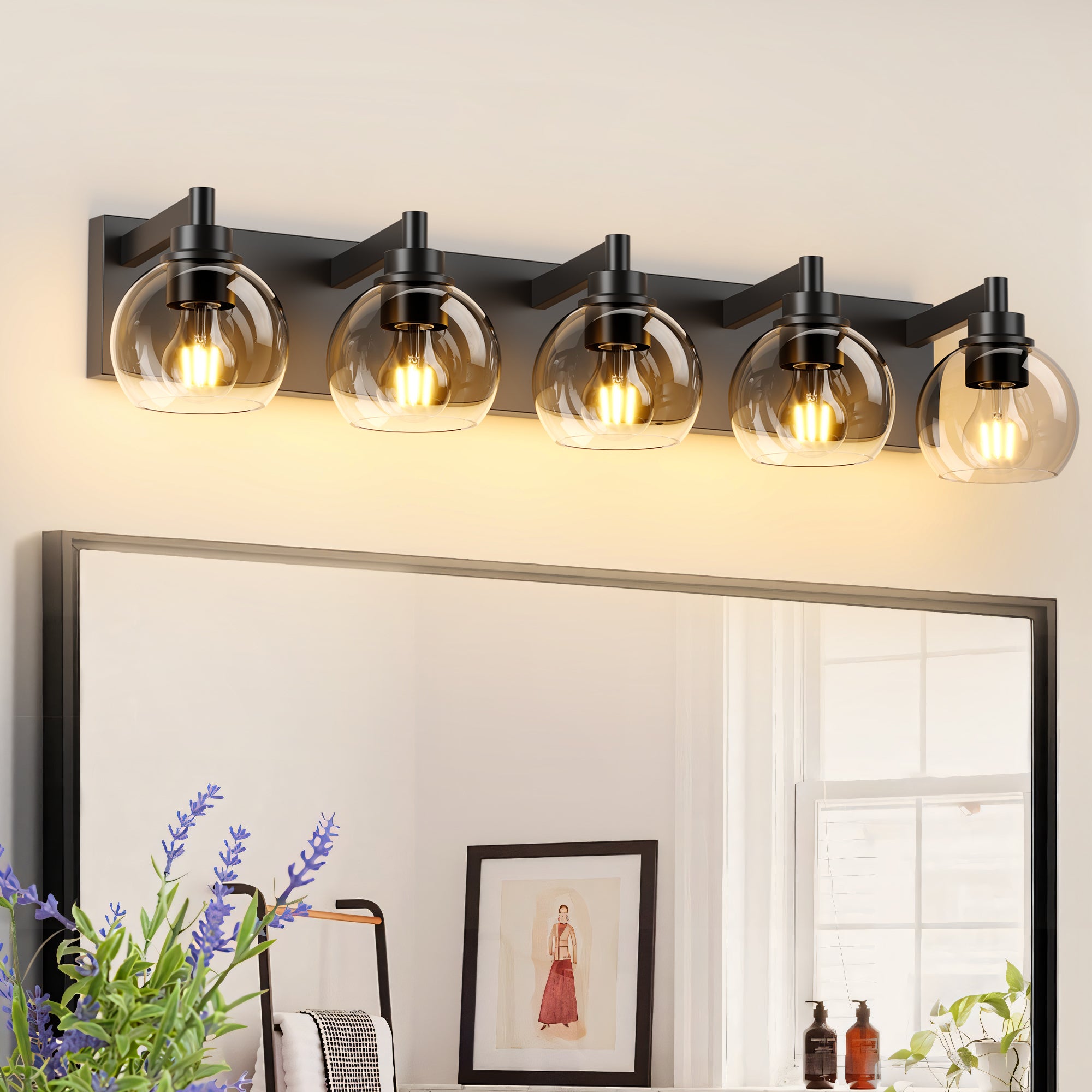 Bathroom Light Fixtures Over Mirror 5-Lights Bathroom Vanity Light with Clear Globe Glass Shade Modern Black Vanity Light Wall Sconce Vanity Lighting for Bath(Bulbs Not Included)