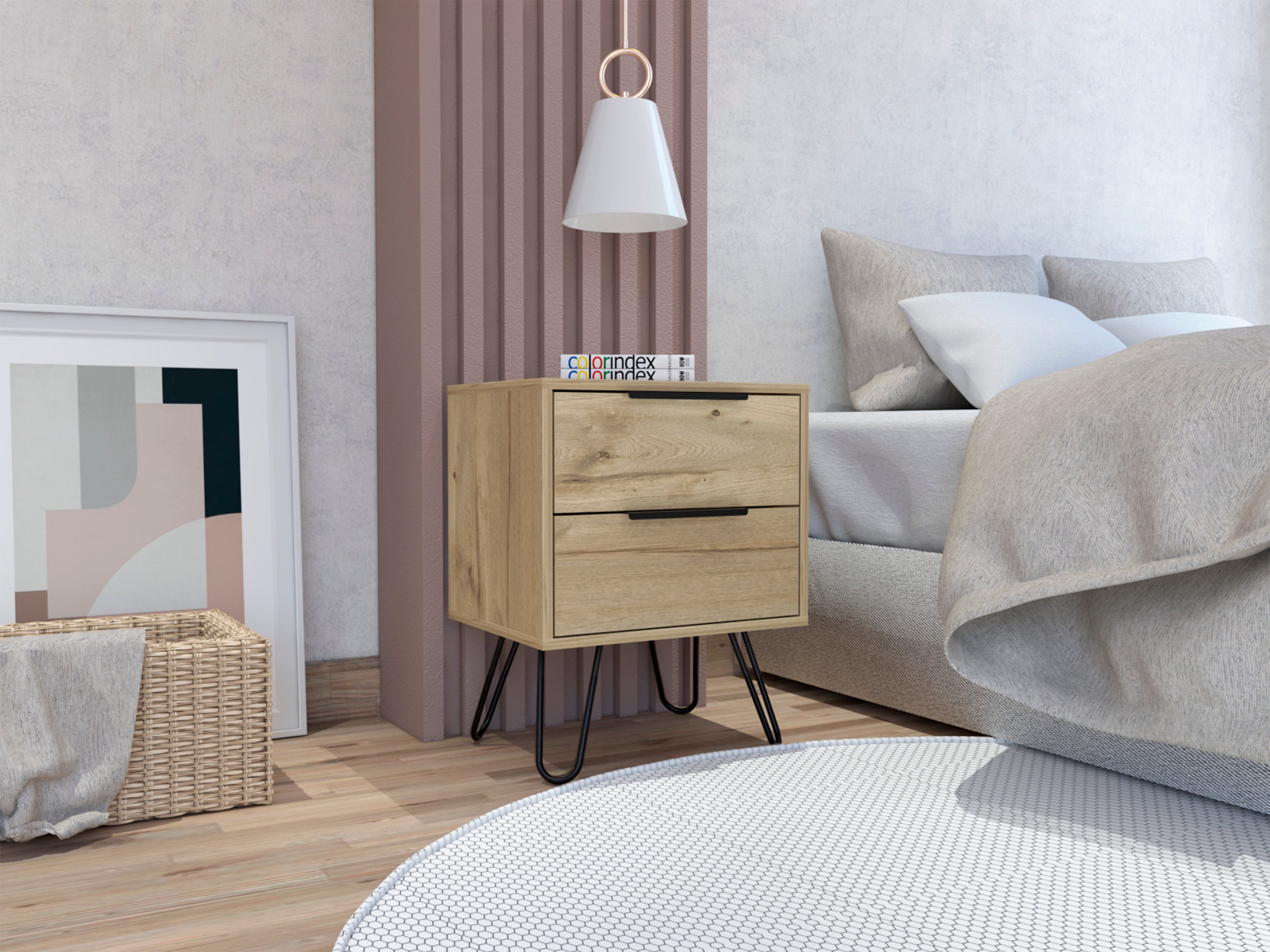Nuvo Nightstand,Two Drawers, Hairpin Legs