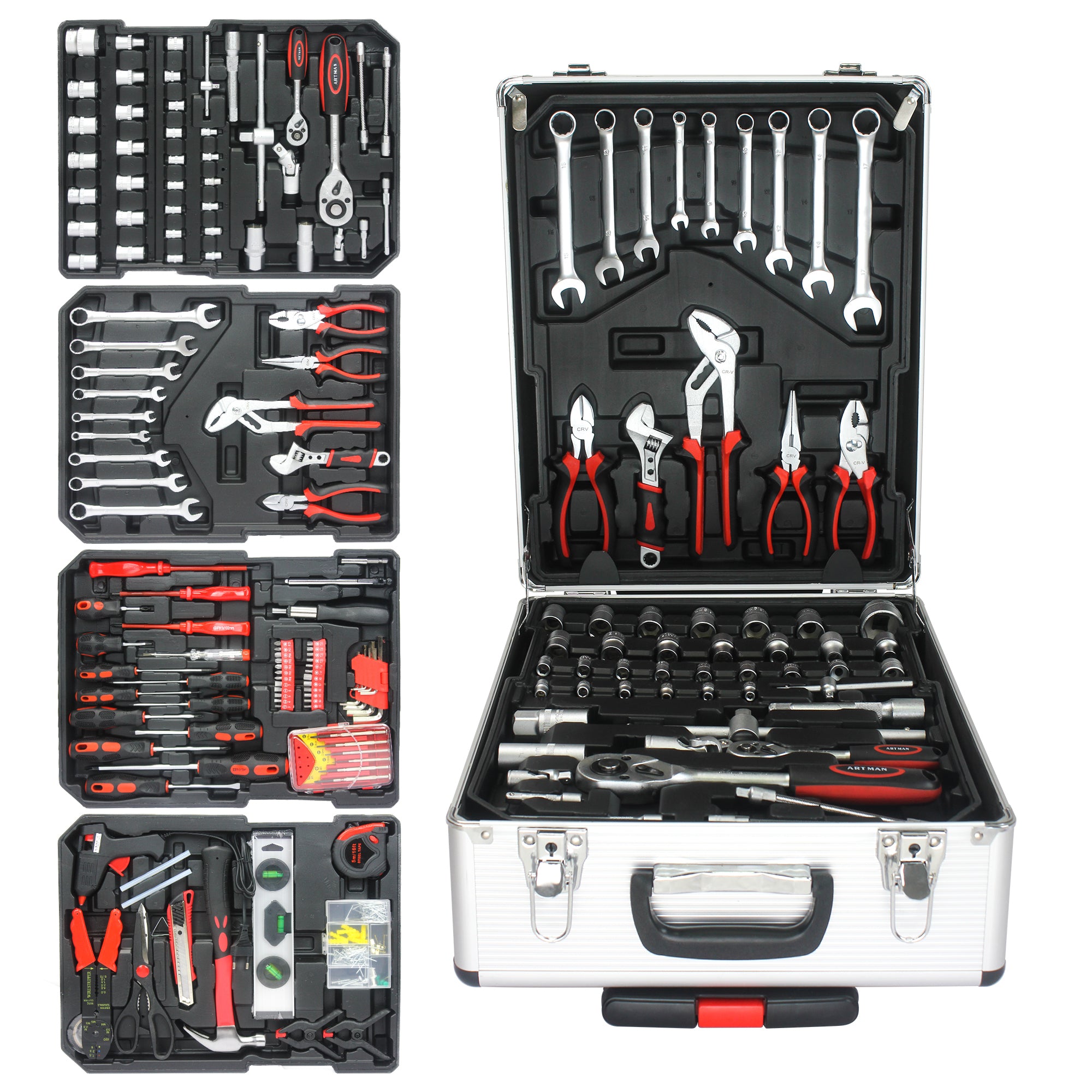 899-Piece Home Repair Tool Set with Rolling Plastic Toolbox, 4 Drawers, General Household Maintenance Kit for Garden, Homeowner, Handyman, Silver