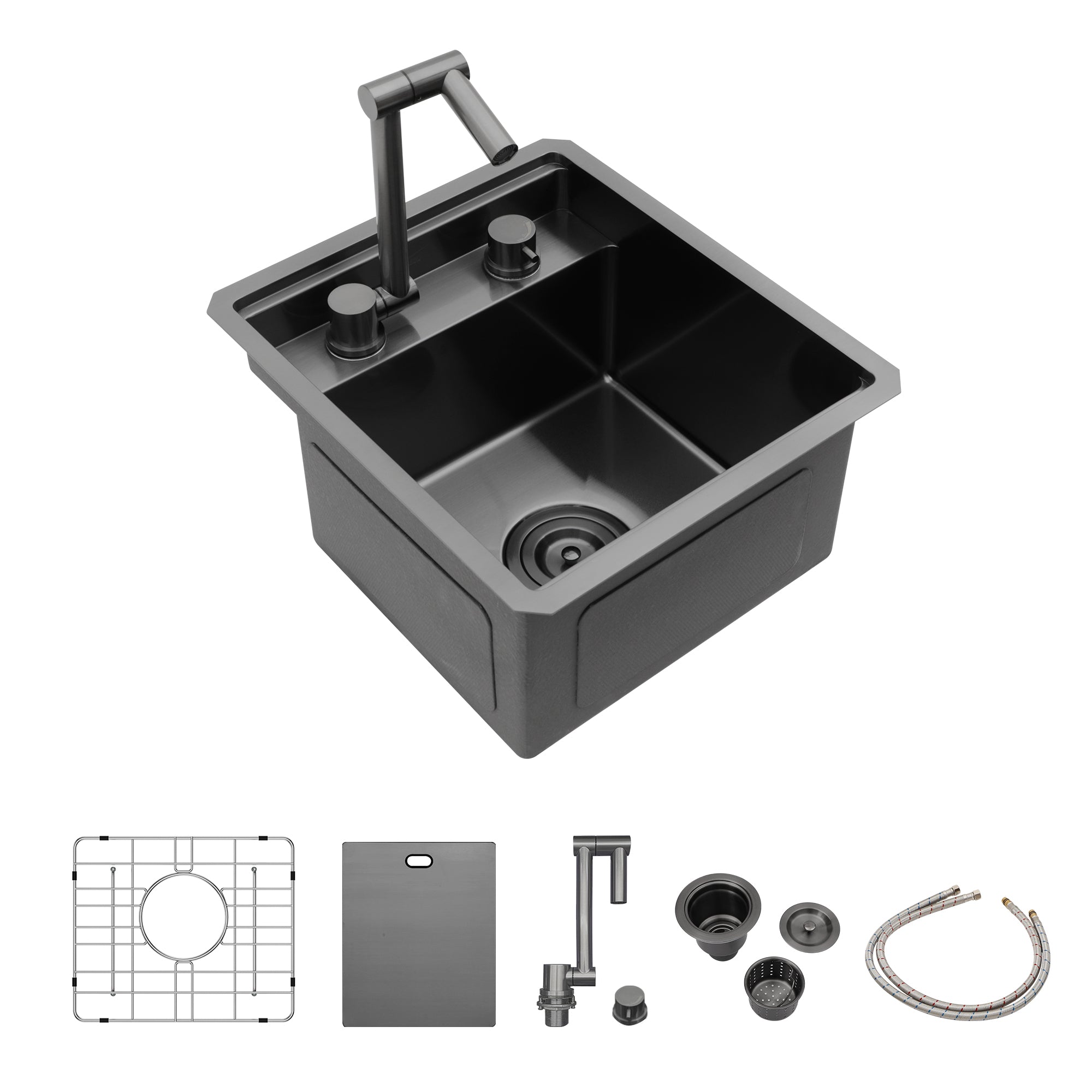 Gunmetal Black 15' Undermount Bar Sink with Folding Faucet, 16 Gauge Stainless Steel, 15x17 Inch Single Bowl