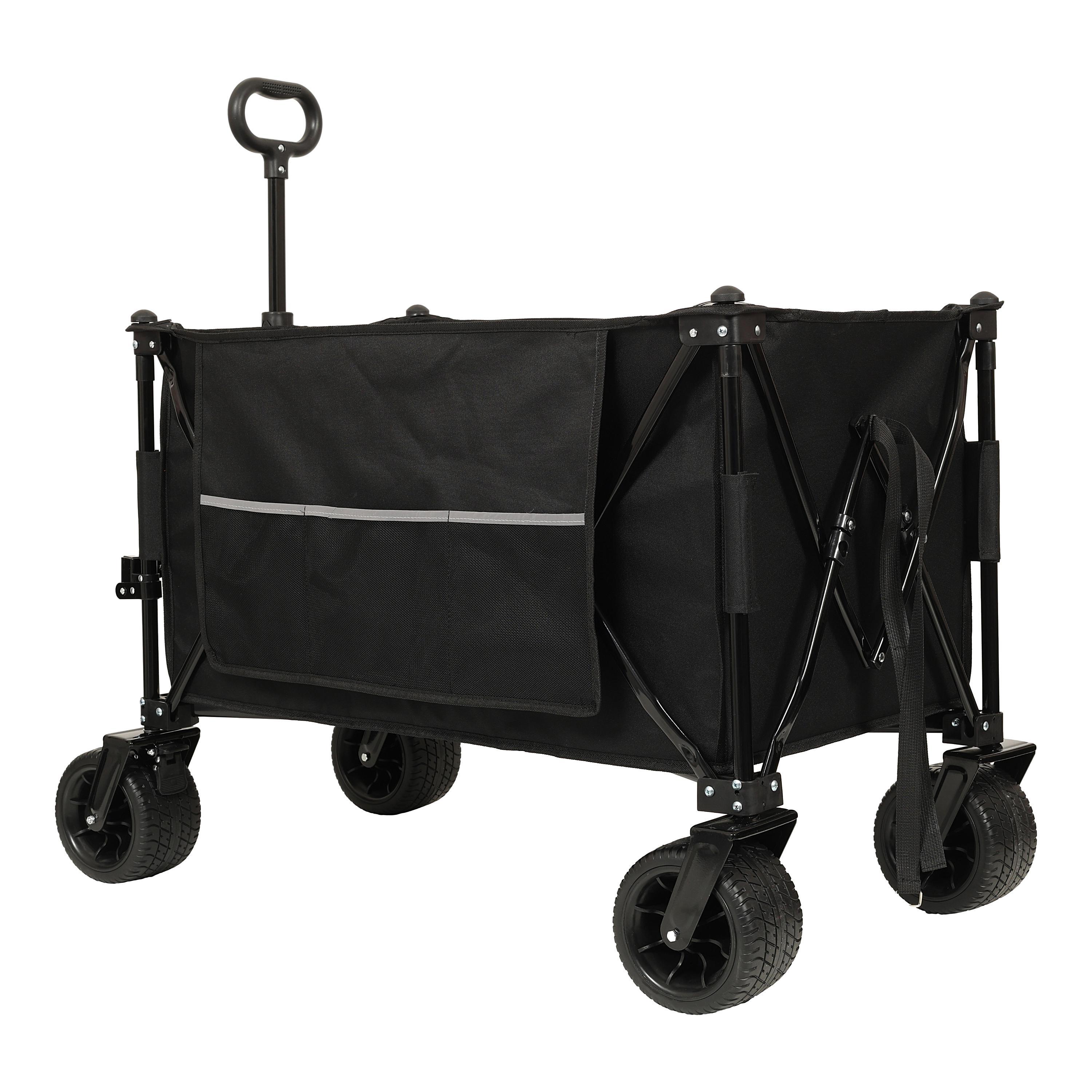 Collapsible Foldable Extended Wagon,480lbs Weight Capacity, Heavy Duty Folding Utility Garden Cart with Big All-Terrain Beach Wheels & Drink Holders,Side Pocket and Brakes, Black