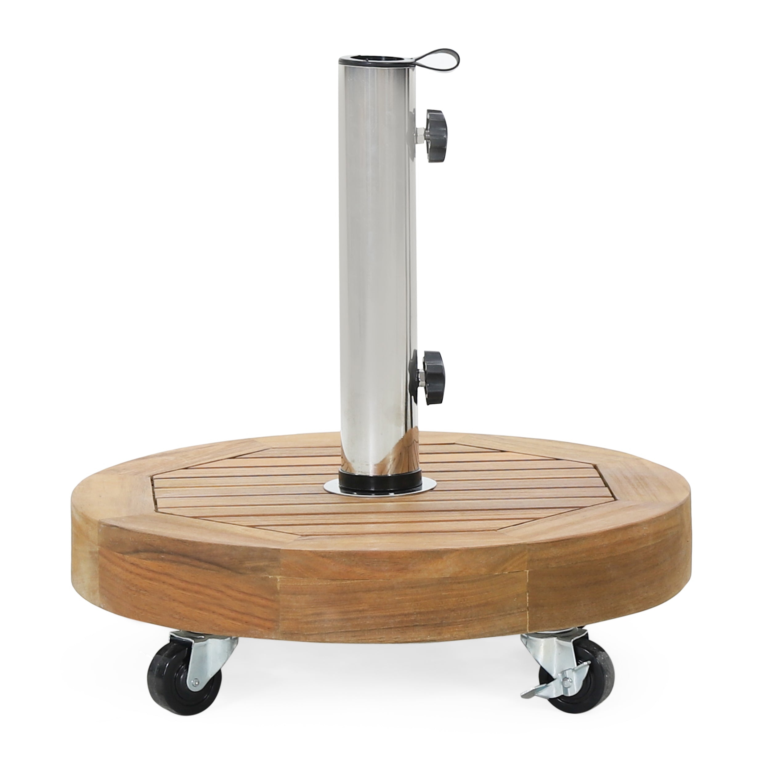 RALPH Round Umbrella Base with Stainless Steel Tube in Teak Finish, Acacia Wood, 17.75-Inch