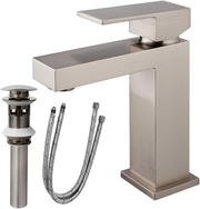 Single Handle Bathroom Faucet, Brushed Nickel Single Hole Bathroom Faucet, Solid Brass Modern Bathroom Sink Faucet Heavy Duty Vanity Square Bathroom Faucet with Pop-up Drain & Water Supply Hoses