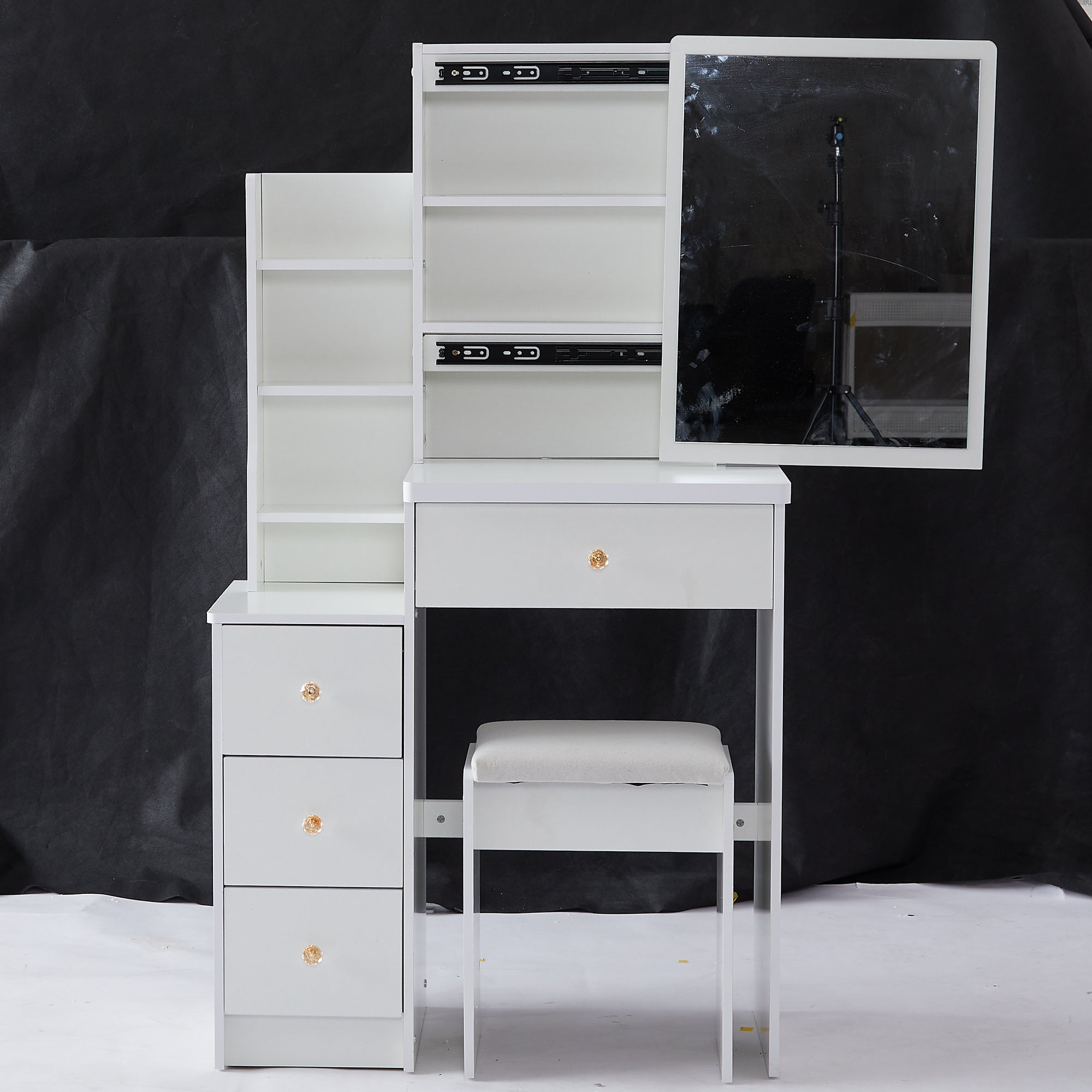 29.2' Small Space Left Bedside Cabinet Vanity Table + Cushioned Stool, Extra Large Right sliding mirror, Multi Layer High Capacity Storage, Practical Fashionable Dresser, Suitable For Small Space