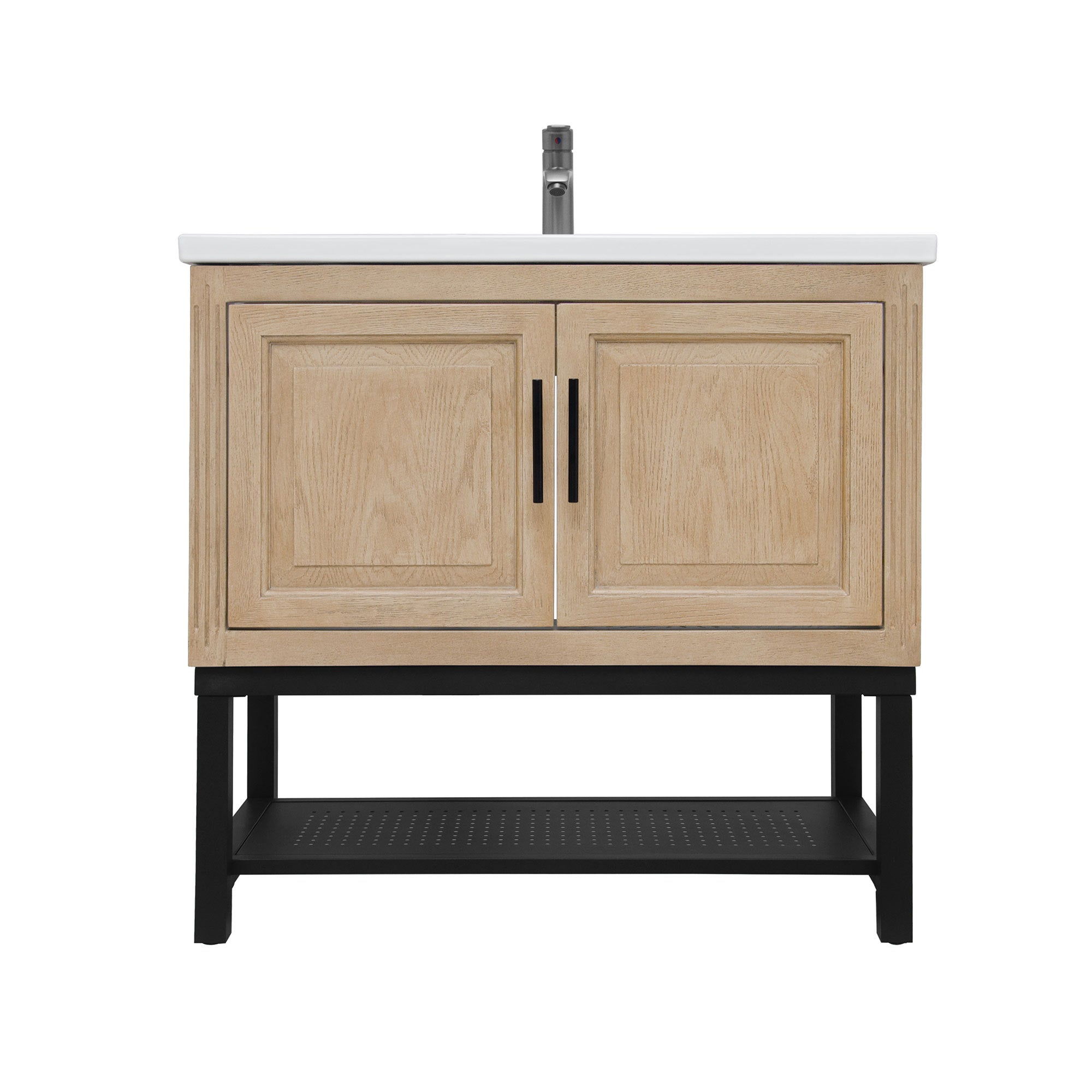 Modern Freestanding 36-Inch Bathroom Vanity with White Ceramic Sink, Hot and Cold Faucet, Storage Cabinet & Open Iron Shelf