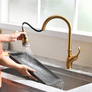 Gold Kitchen Faucet with Pull Out Sprayer Brushed Gold Single Handle 1 Hole High Arc Pull Out Kitchen Sink Faucets
